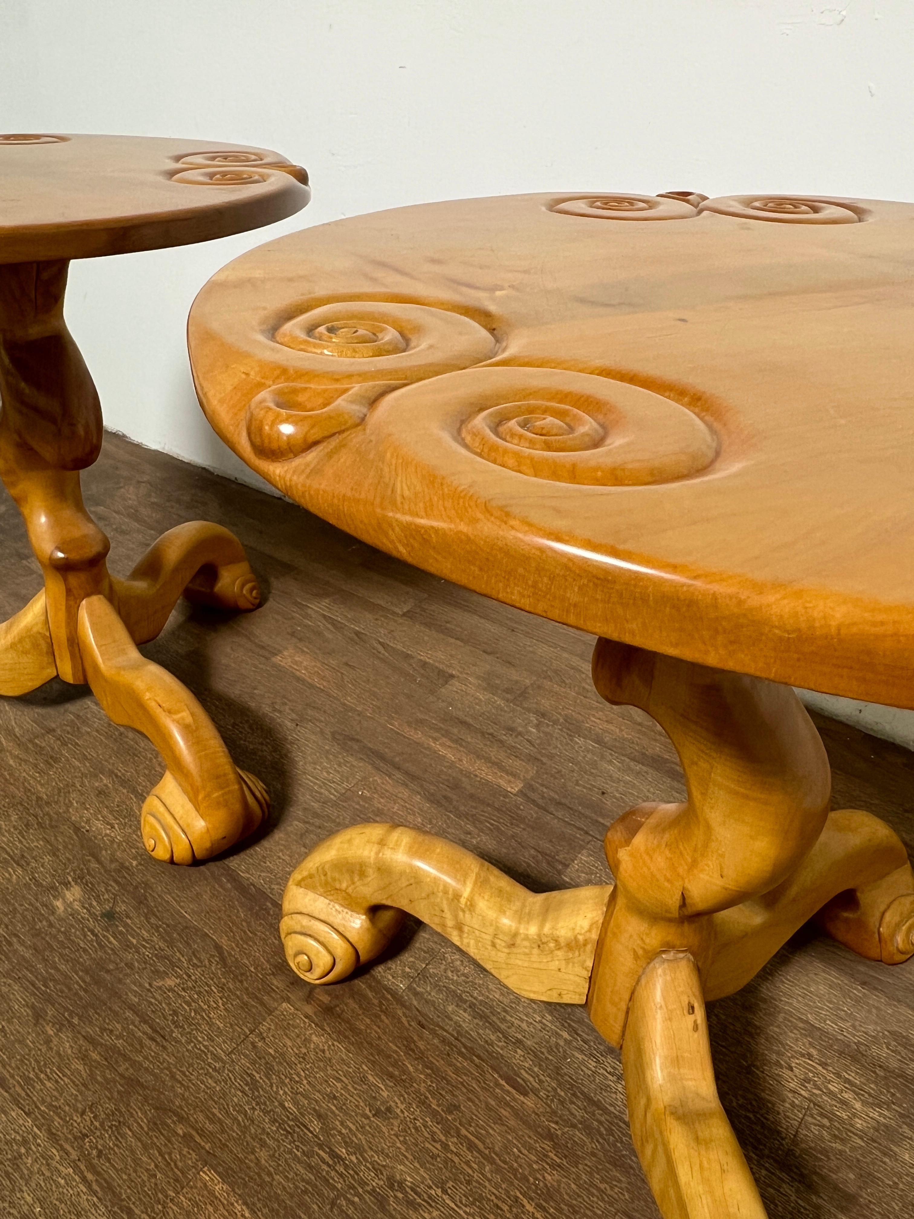 Late 20th Century Studio Craft Carved Maple Side Tables Signed Wilkins, D. 1977 For Sale