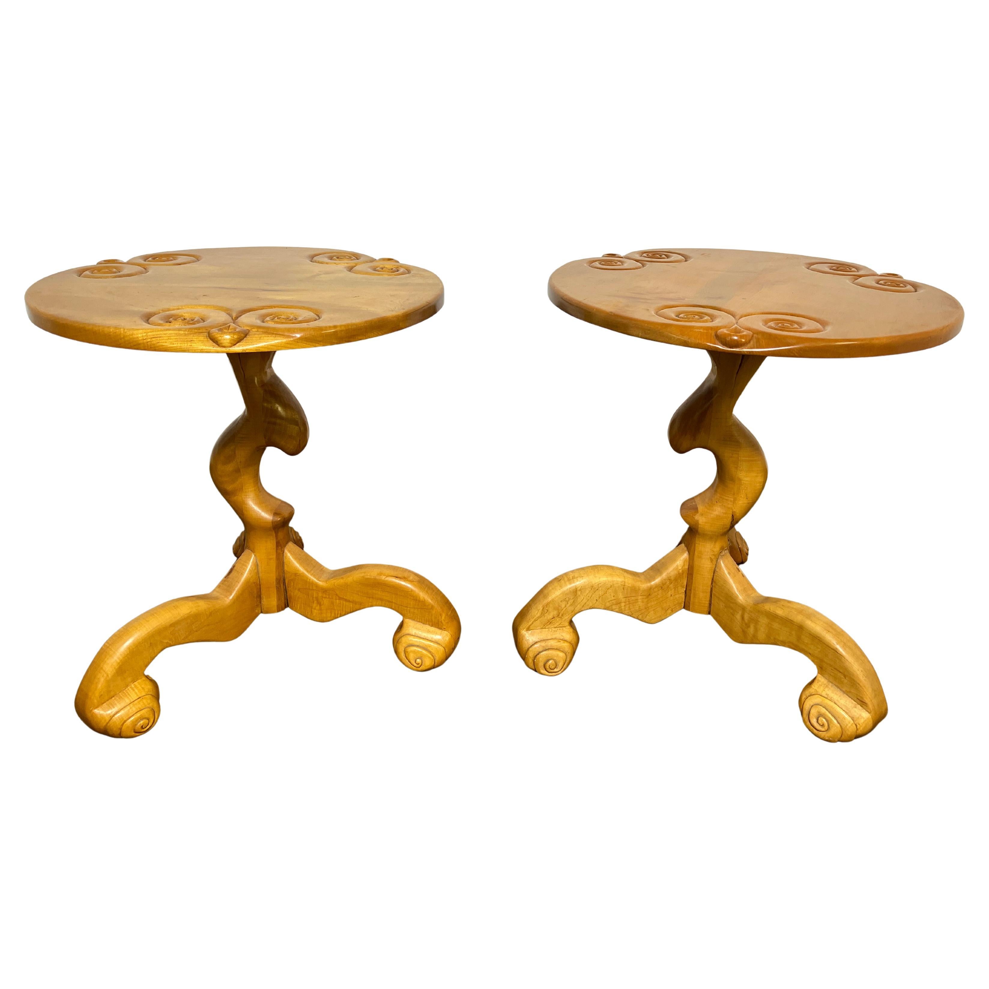 Studio Craft Carved Maple Side Tables Signed Wilkins, D. 1977 For Sale