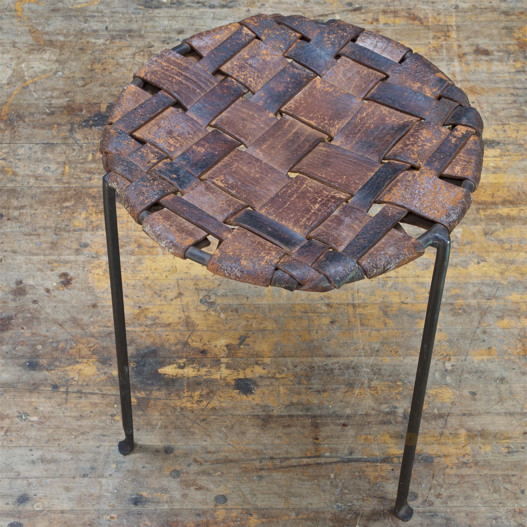 Mid-Century Modern Studio Craft Iron and Woven Leather Stool by Lila Swift and Donald Monell For Sale
