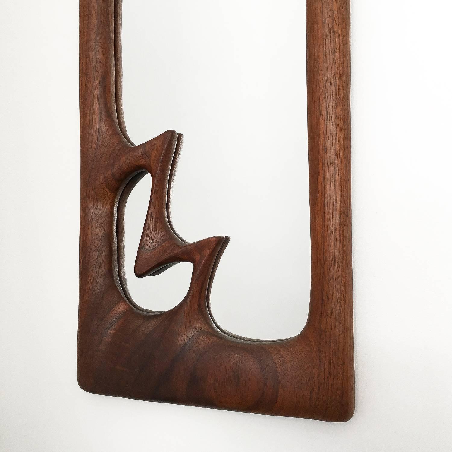 Hand-Carved Studio Craft Movement Carved Sculptural Walnut Wall Mirror