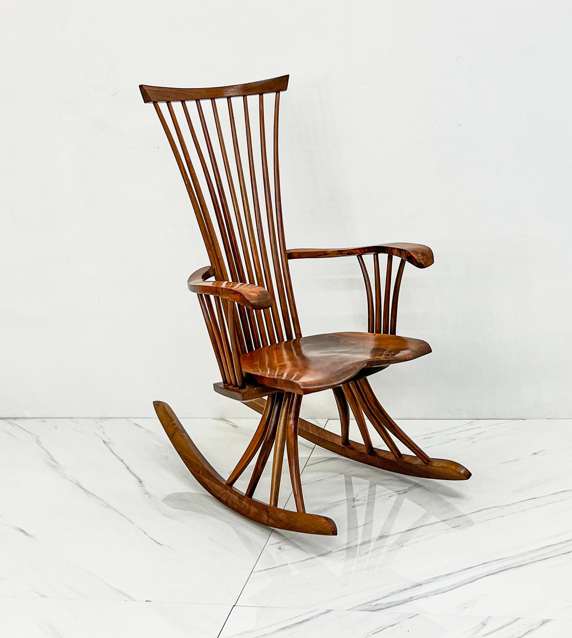 American Craftsman Studio Craft Sculpted Walnut Rocking Chair By Jeffrey Greene For Sale