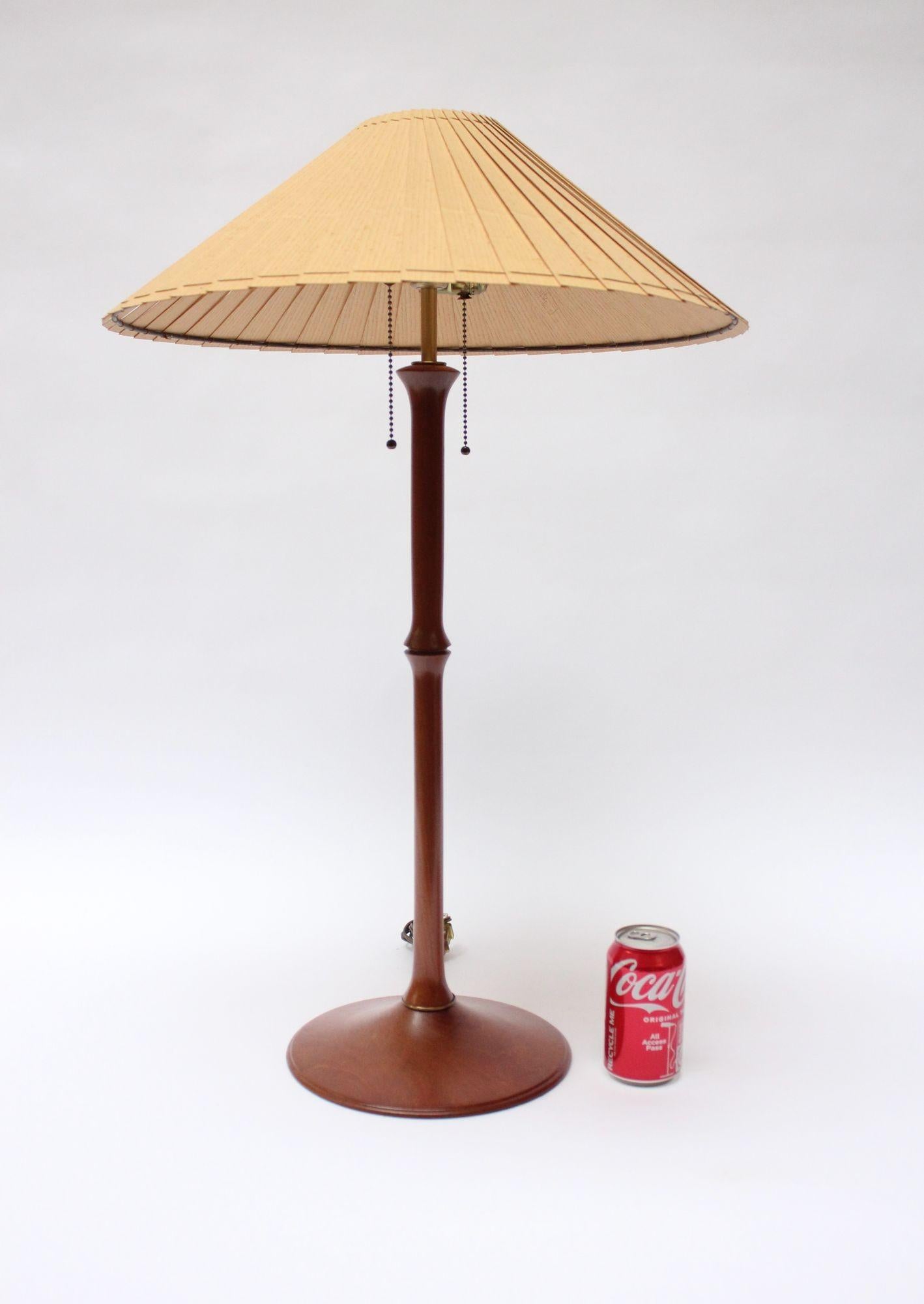 American Studio Craft Sculptural Cherry Wood and Brass Table Lamp with Original Shade For Sale