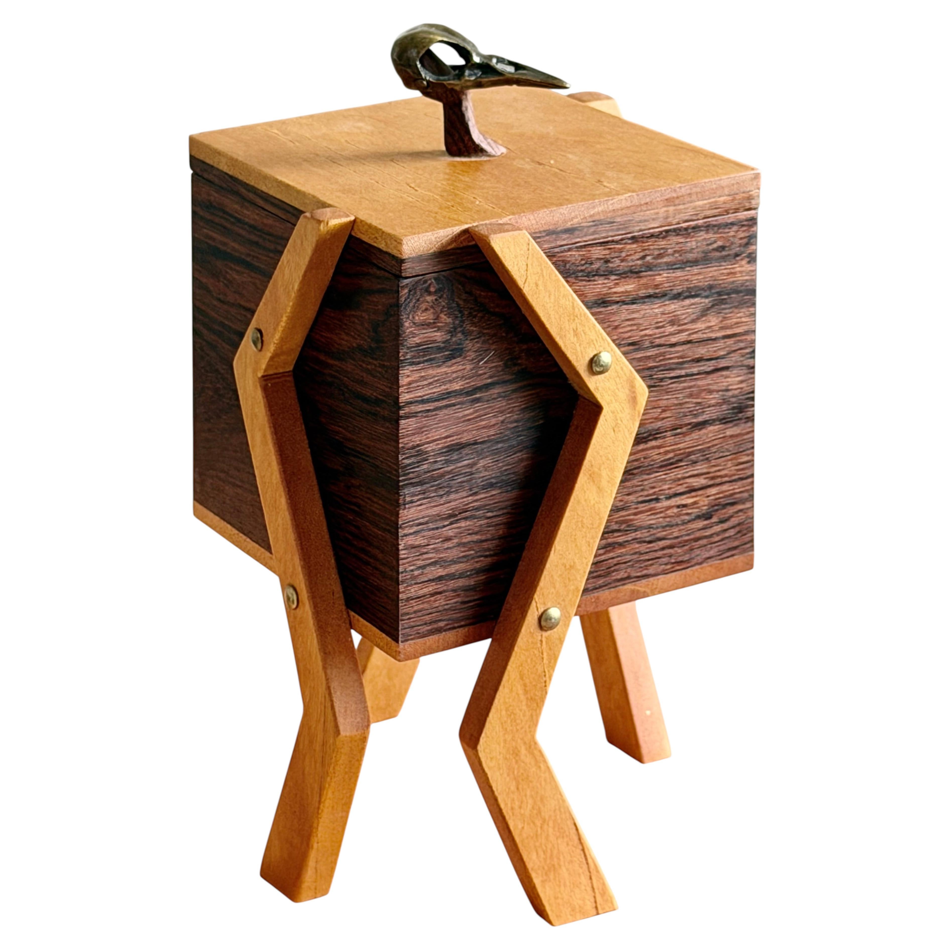 Studio Craft Walnut + Maple Box Bronze Bird Skull Artist-Made Brass Connectors For Sale