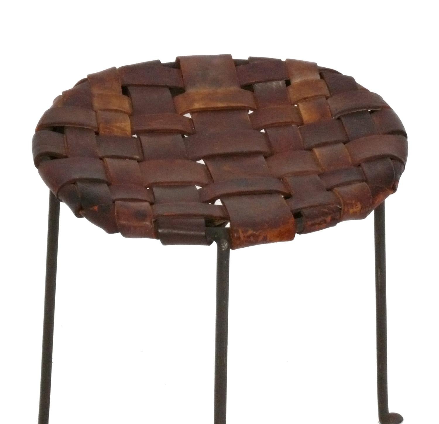 Mid-Century Modern Studio Craft Woven Leather and Iron Stool by Lila Swift and Donald Monell For Sale