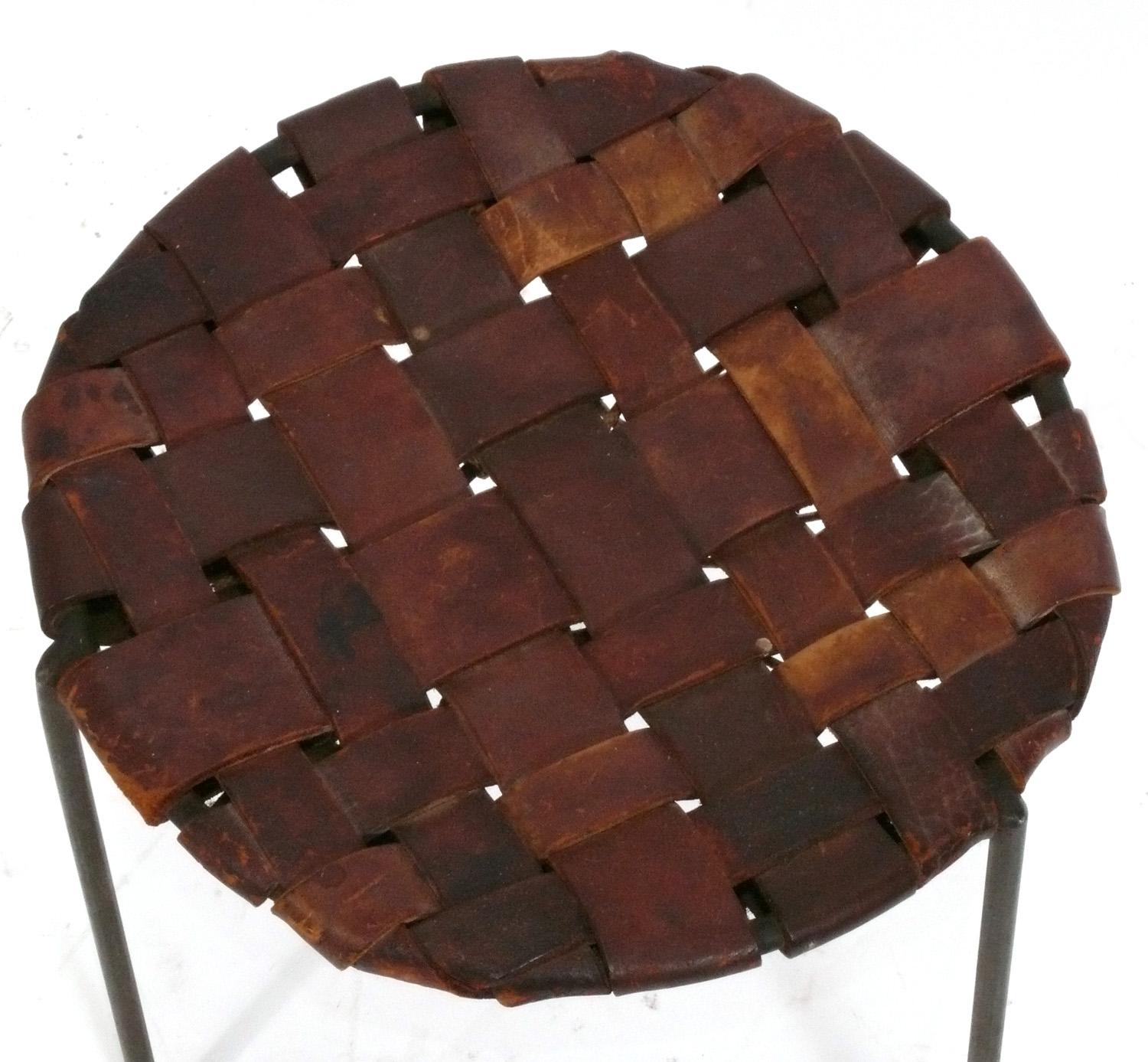 American Studio Craft Woven Leather and Iron Stool by Lila Swift and Donald Monell For Sale