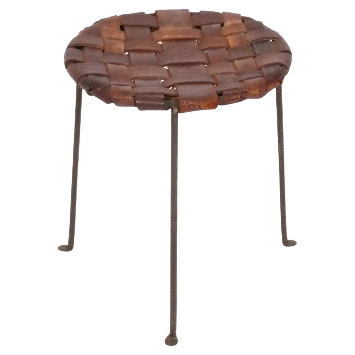 Studio Craft Woven Leather and Iron Stool by Lila Swift and Donald Monell For Sale