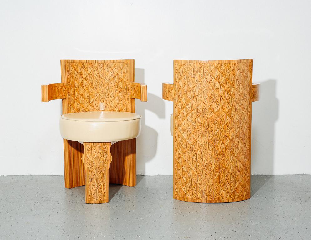 Studio-Crafted Postmodern Barrel Chairs with Inlaid Details In Good Condition In Brooklyn, NY