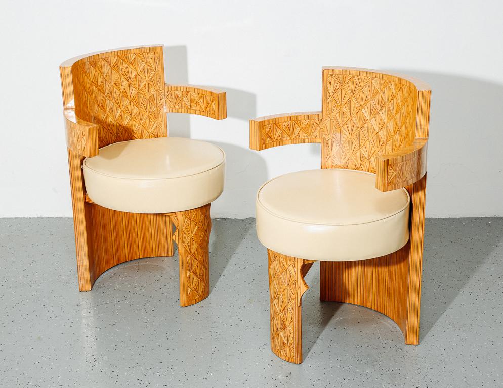 Maple Studio-Crafted Postmodern Barrel Chairs with Inlaid Details