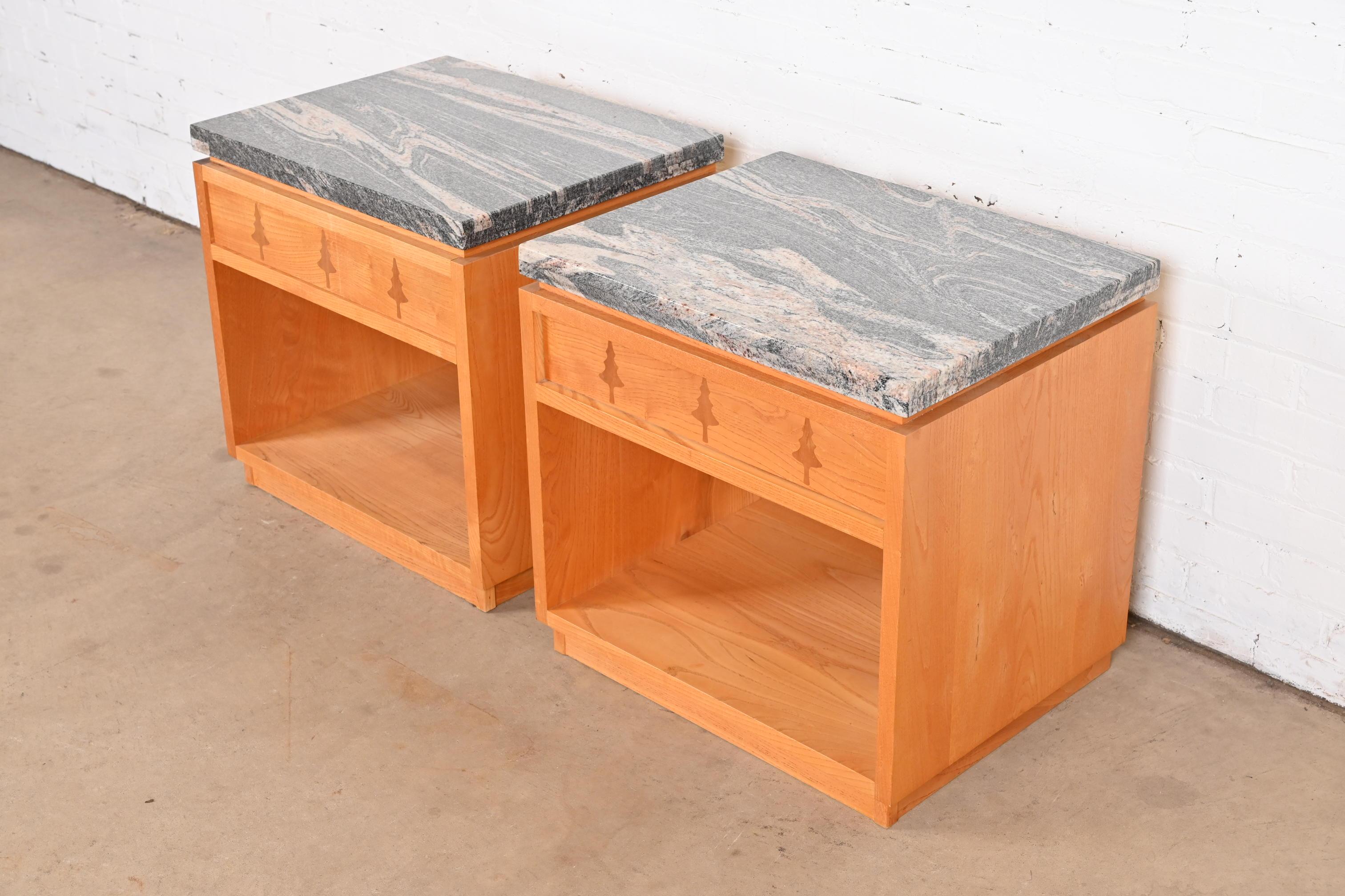 Studio Crafted Rustic Lodge Inlaid Pine Marble Top Nightstands, Pair In Good Condition For Sale In South Bend, IN