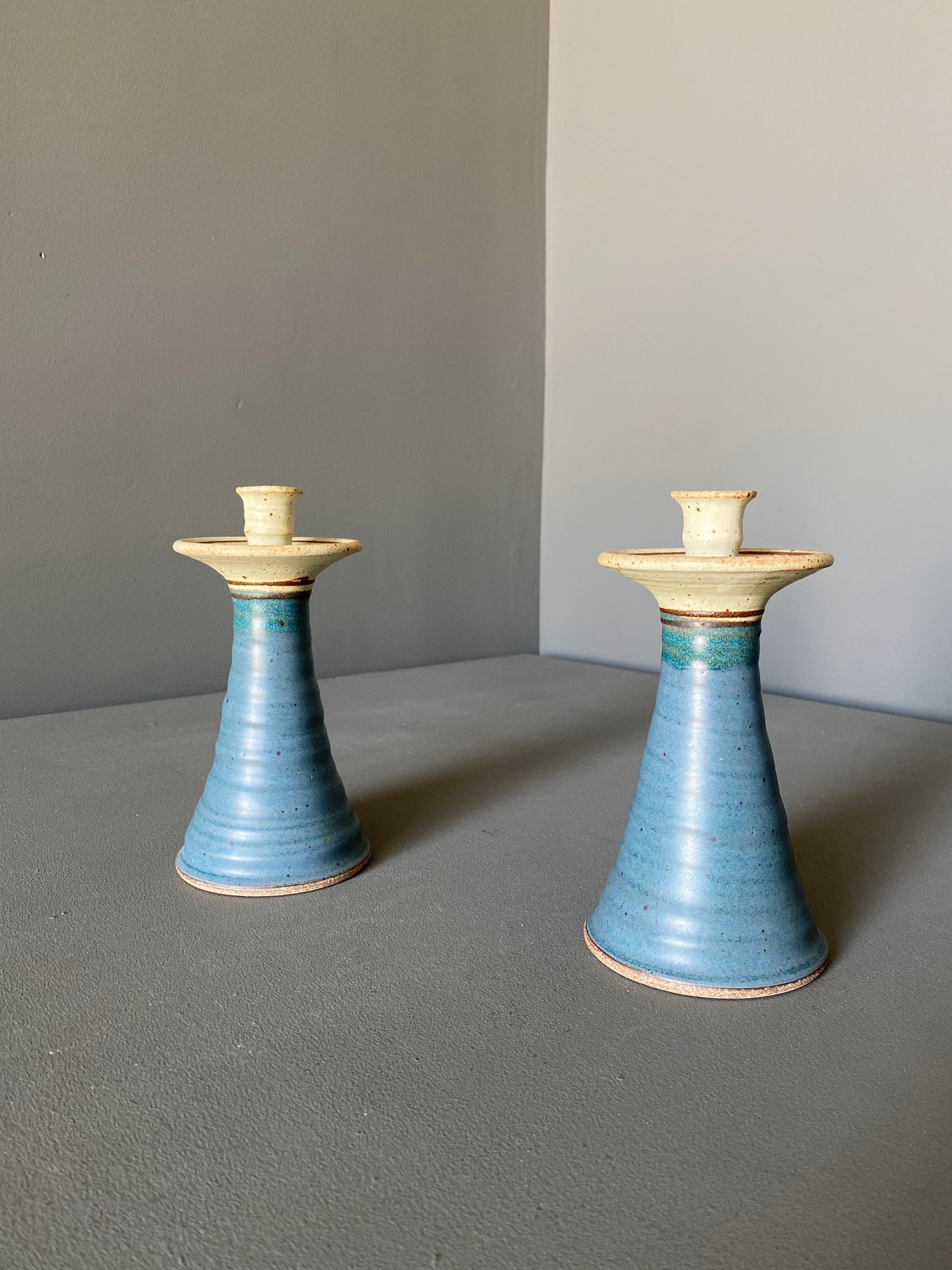 Studio Crafted Signed Ceramic Candlesticks In Good Condition In Costa Mesa, CA