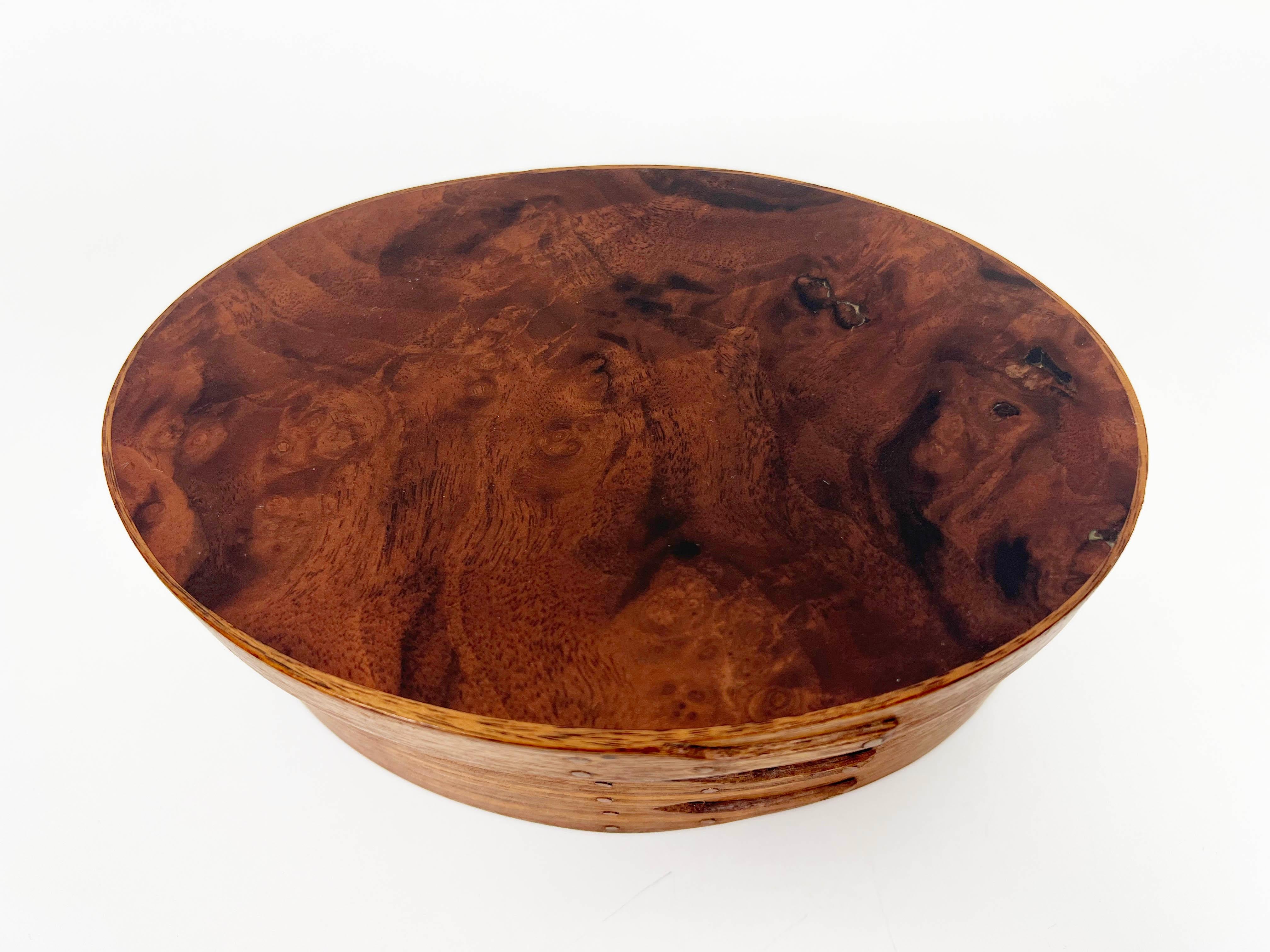 Arts and Crafts Studio Crafted Teak and Walnut Burl Lidded Oval Box For Sale
