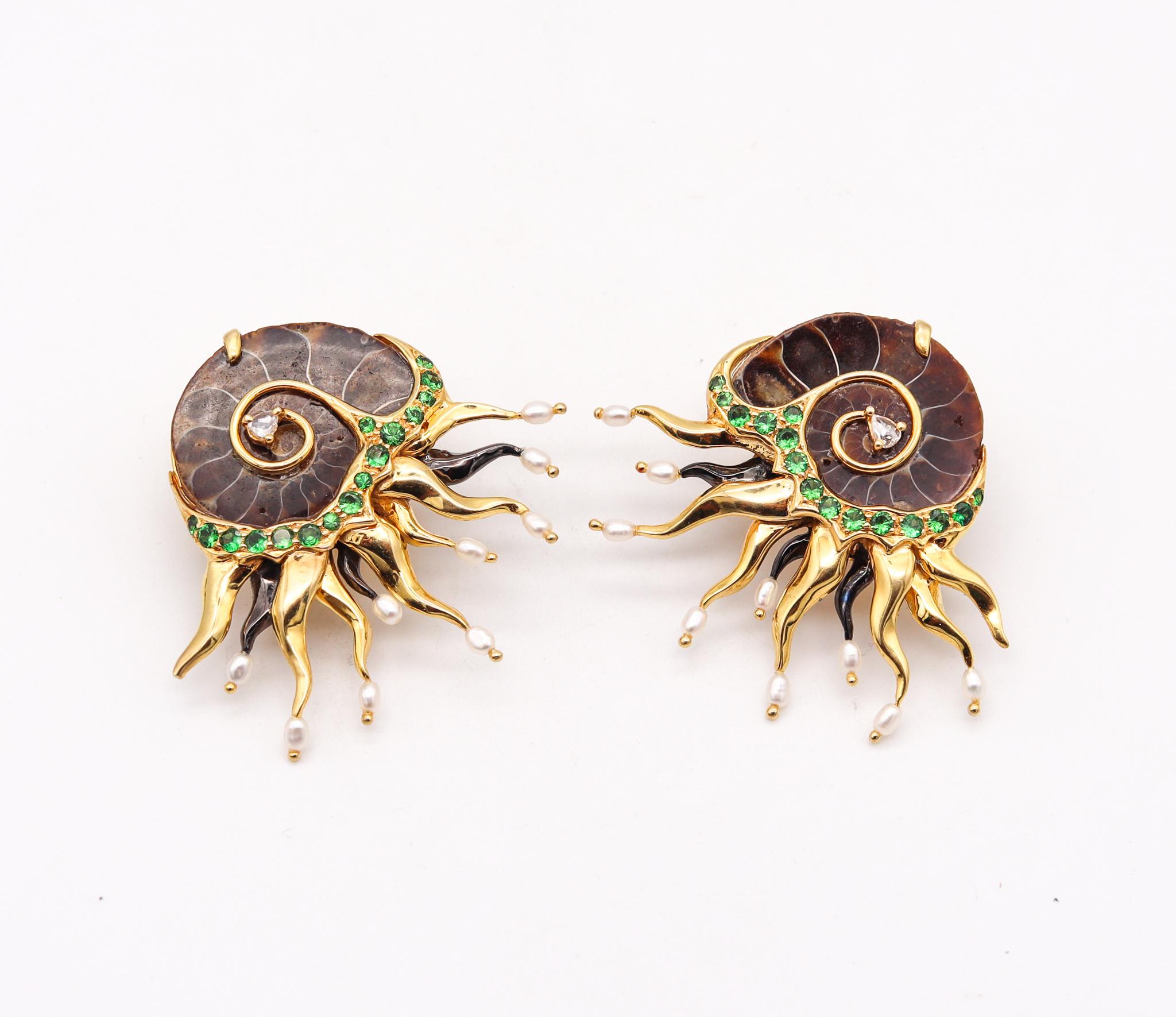 Retro Studio Designer Ammonite Organic Earrings in 18Kt Gold with 3.60 Cts Tsavorites