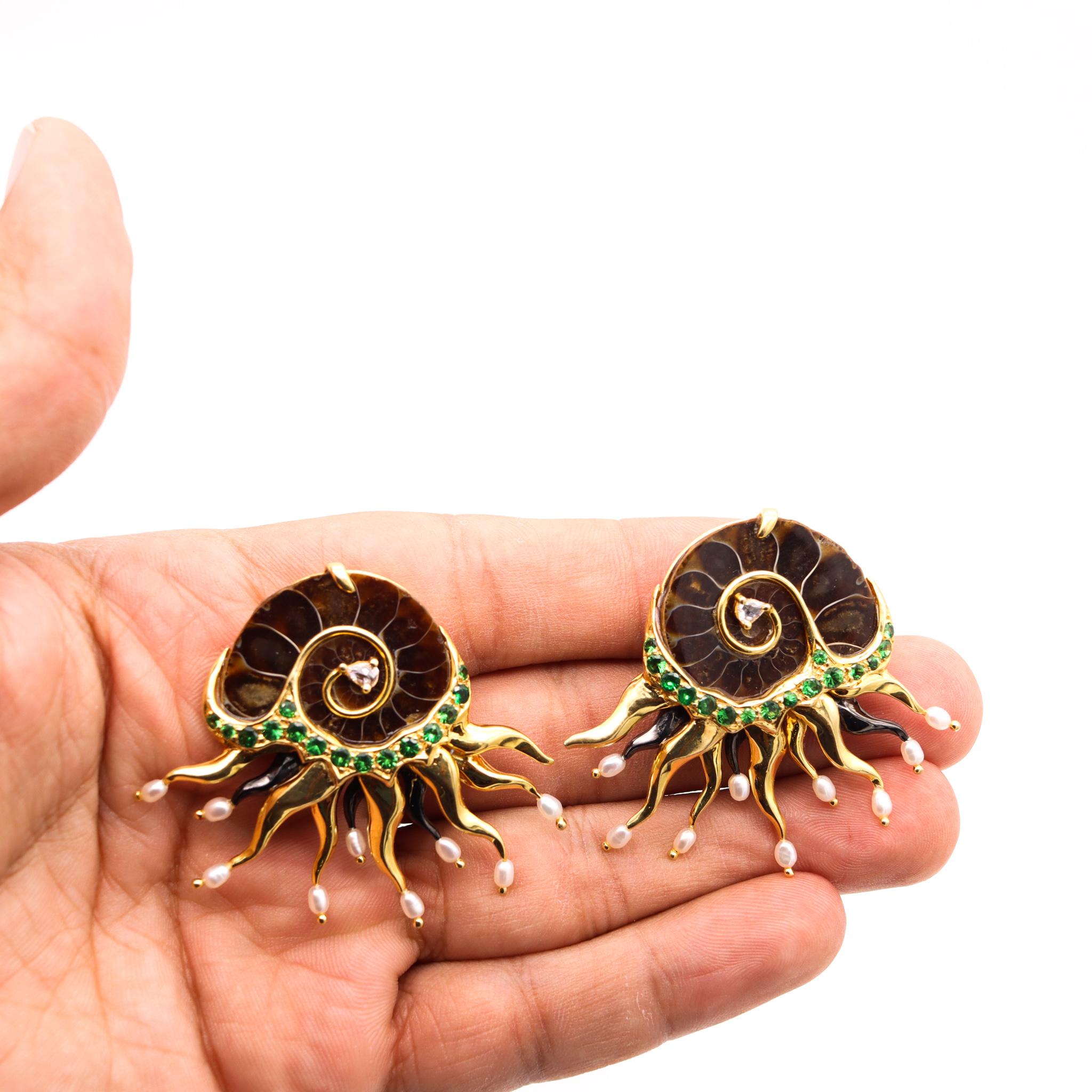 Studio Designer Ammonite Organic Earrings in 18Kt Gold with 3.60 Cts Tsavorites 1