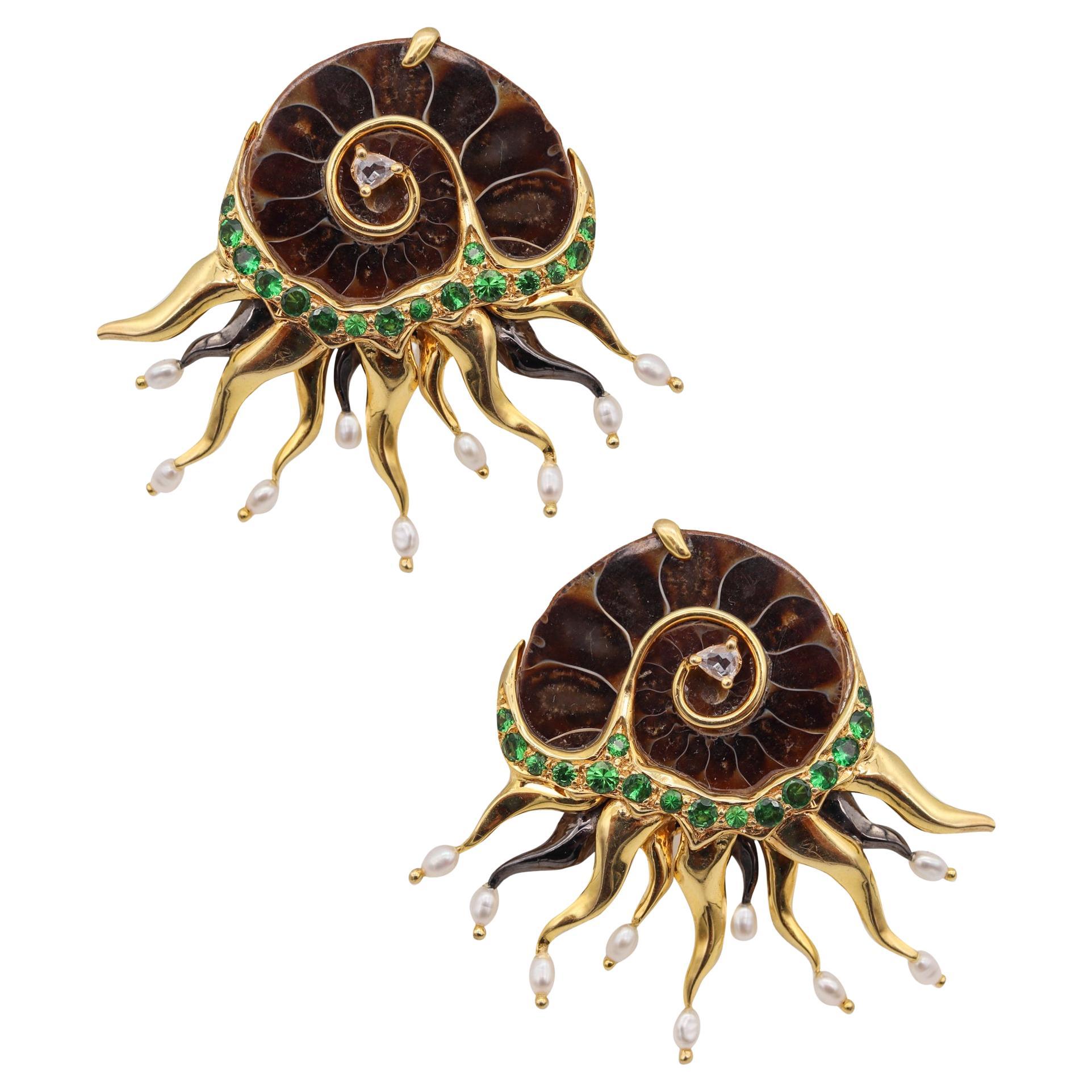 Studio Designer Ammonite Organic Earrings in 18Kt Gold with 3.60 Cts Tsavorites