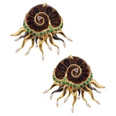 Vintage Studio Designer Ammonite Organic Earrings in 18Kt Gold with 3.60 Cts Tsavorites