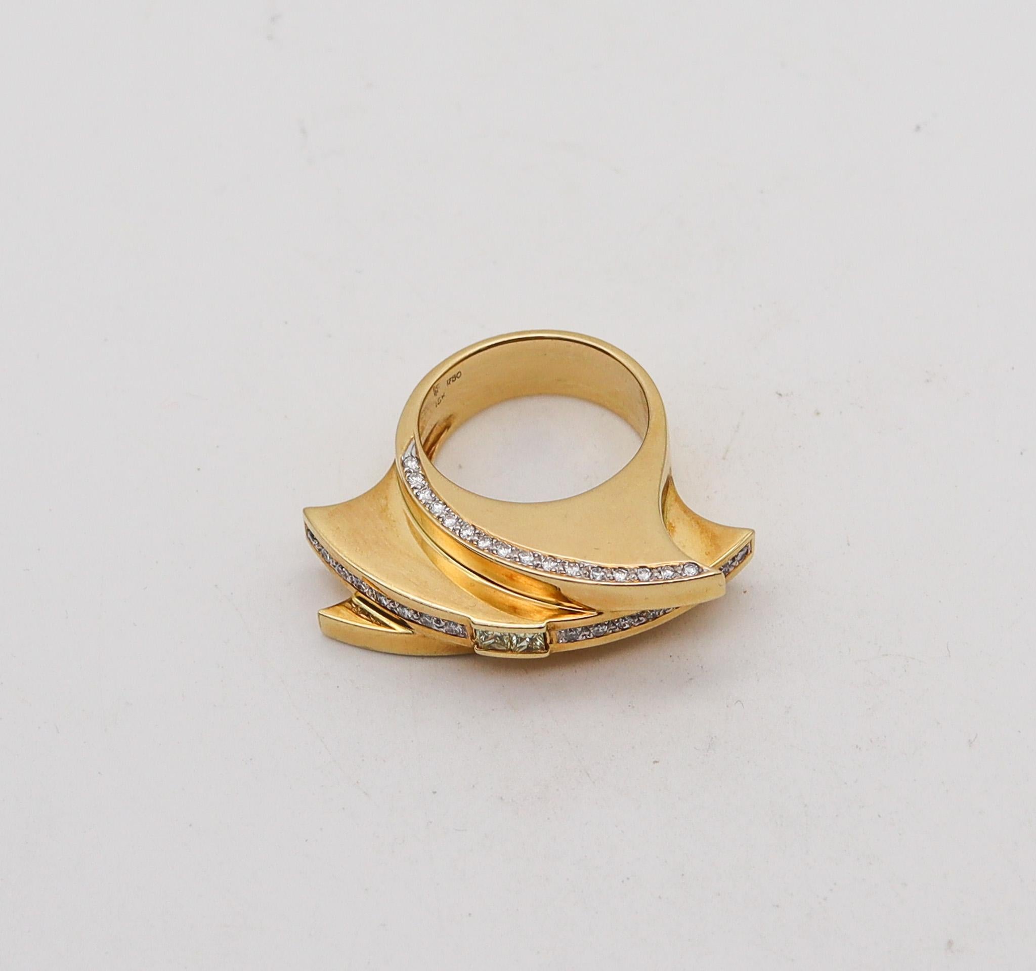 Modernist Studio Designer Geometric Sculptural Ring In 18Kt Gold With 1.62 Ctw Diamonds For Sale
