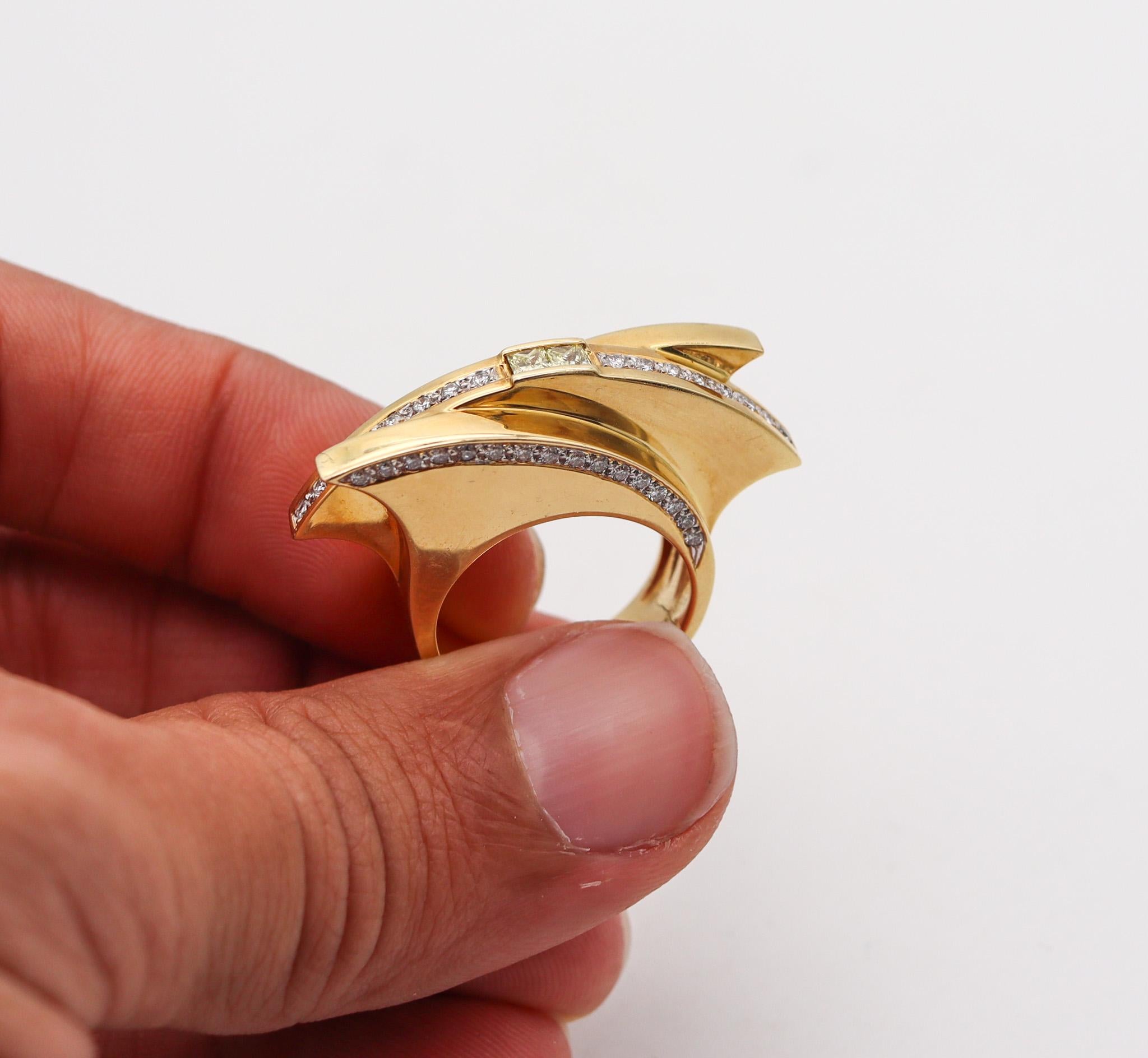 Women's or Men's Studio Designer Geometric Sculptural Ring In 18Kt Gold With 1.62 Ctw Diamonds For Sale