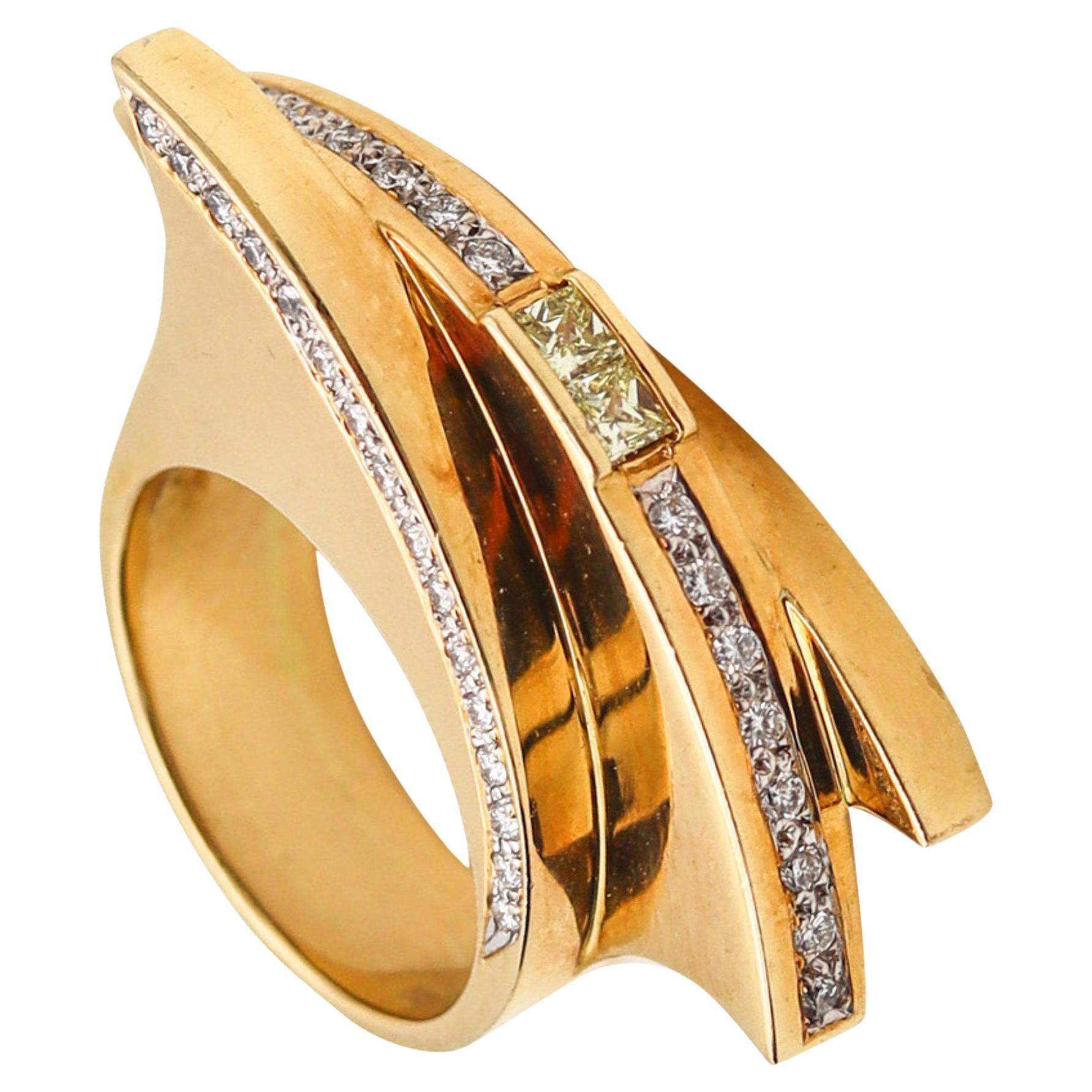 Studio Designer Geometric Sculptural Ring In 18Kt Gold With 1.62 Ctw Diamonds For Sale