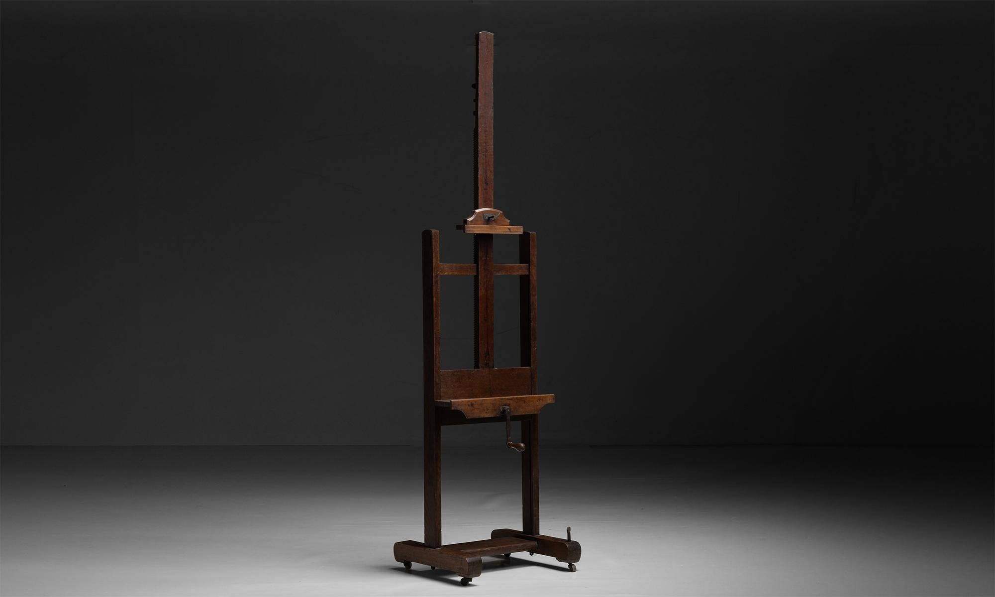 Belgium circa 1890

Wooden easel constructed in oak on wheels with adjustable heights.

27”w x 25.5”d x 97”h 

(1 of 3)