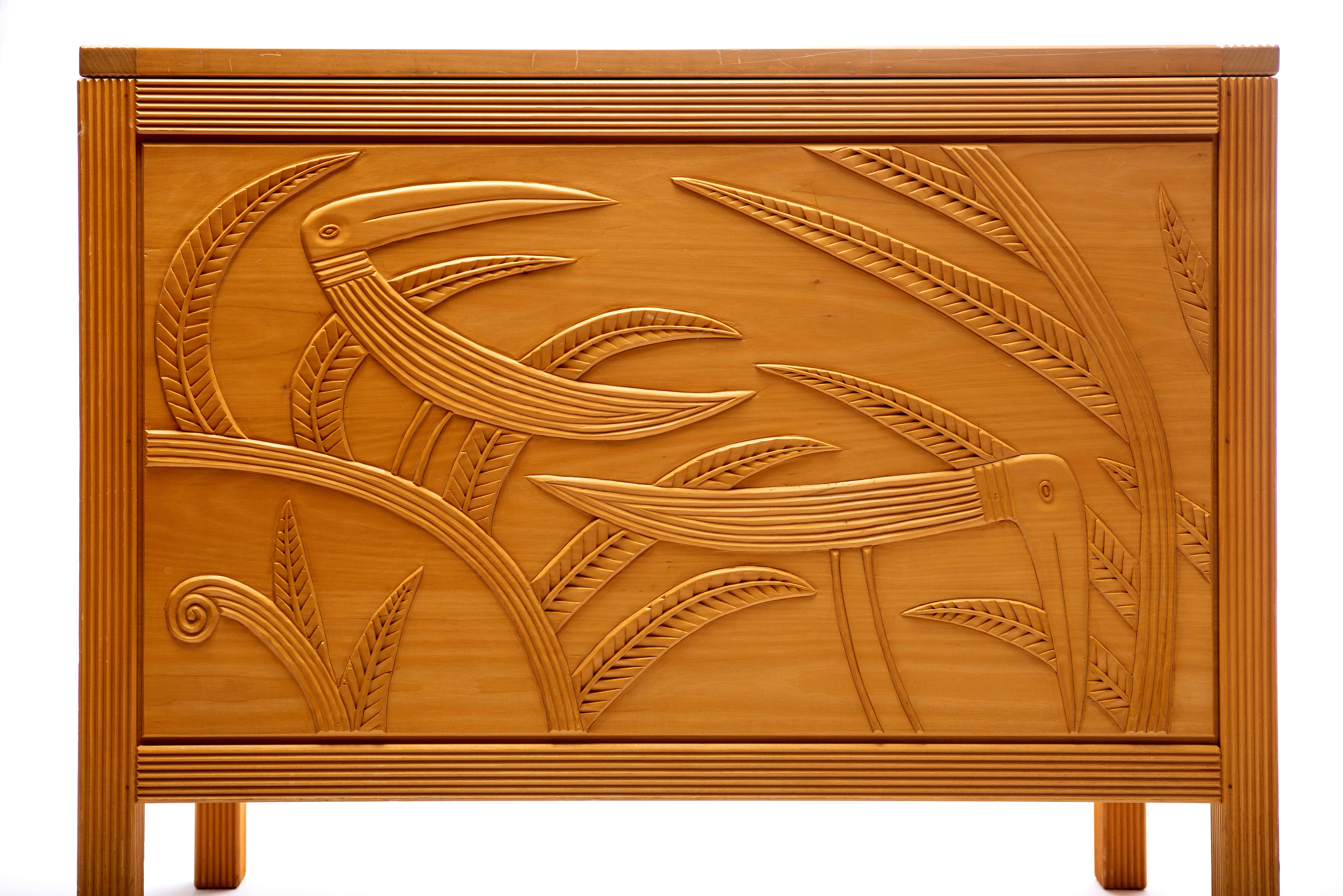 Judy Kensley McKie
Studio Furniture Chest, 1980
Basswood hinged top with relief-carved bird and leaf design to top and sides, raised on four square legs
31 x 36 x 22 in
Signed JKM 1980