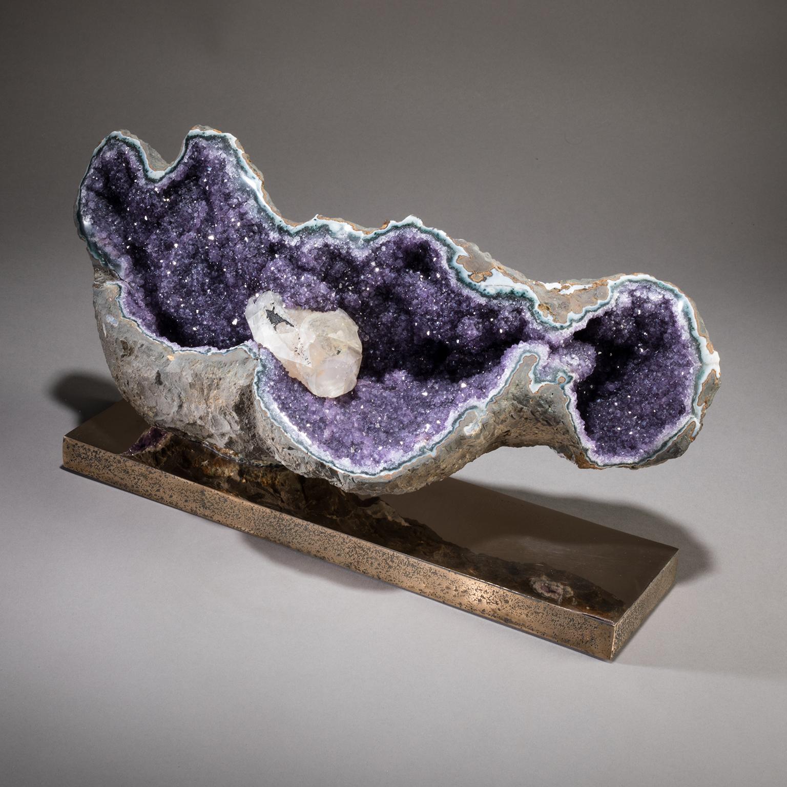 Modern Studio Greytak 'Amethyst on Bronze Base' Purple Amethyst Crystals & Solid Bronze For Sale