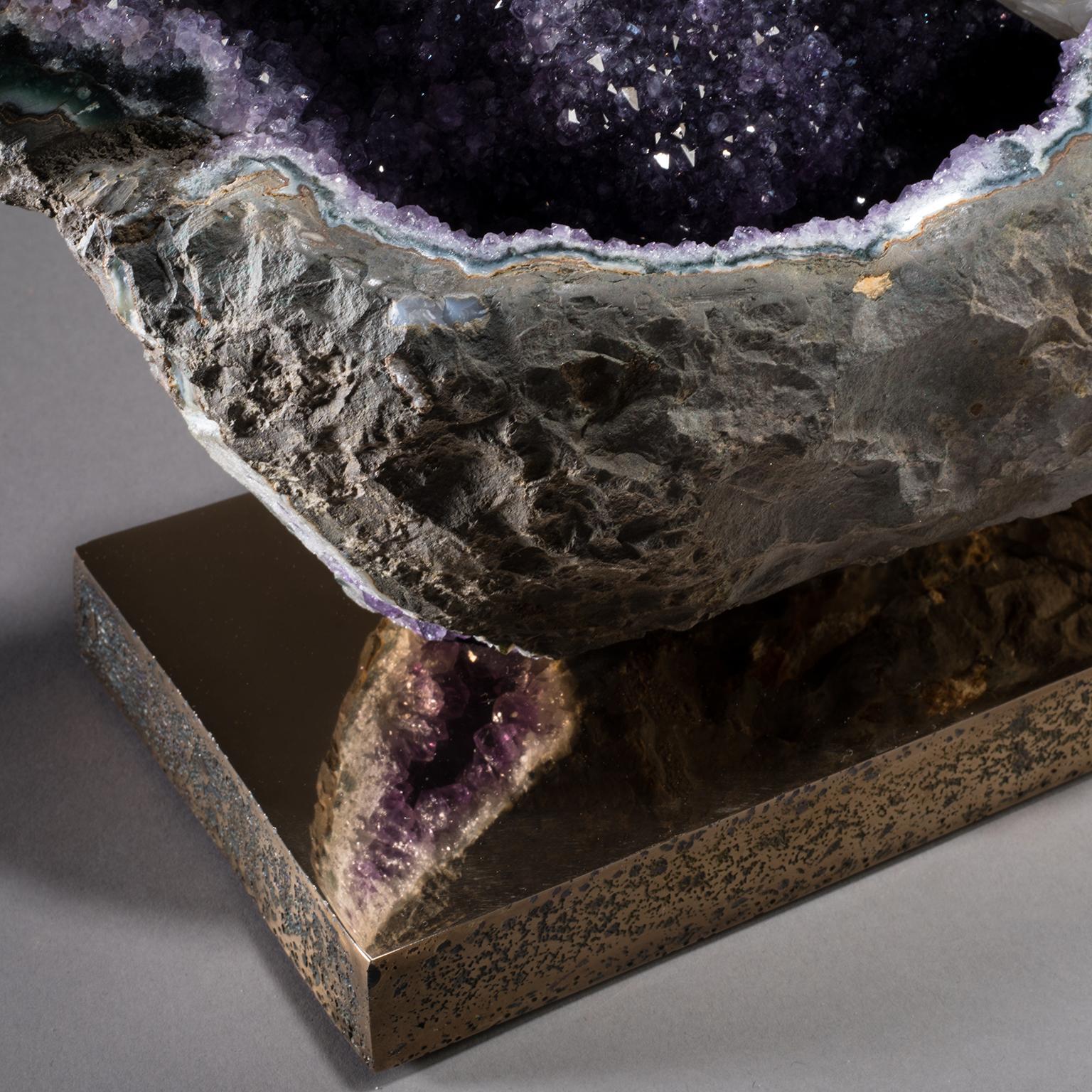 American Studio Greytak 'Amethyst on Bronze Base' Purple Amethyst Crystals & Solid Bronze For Sale