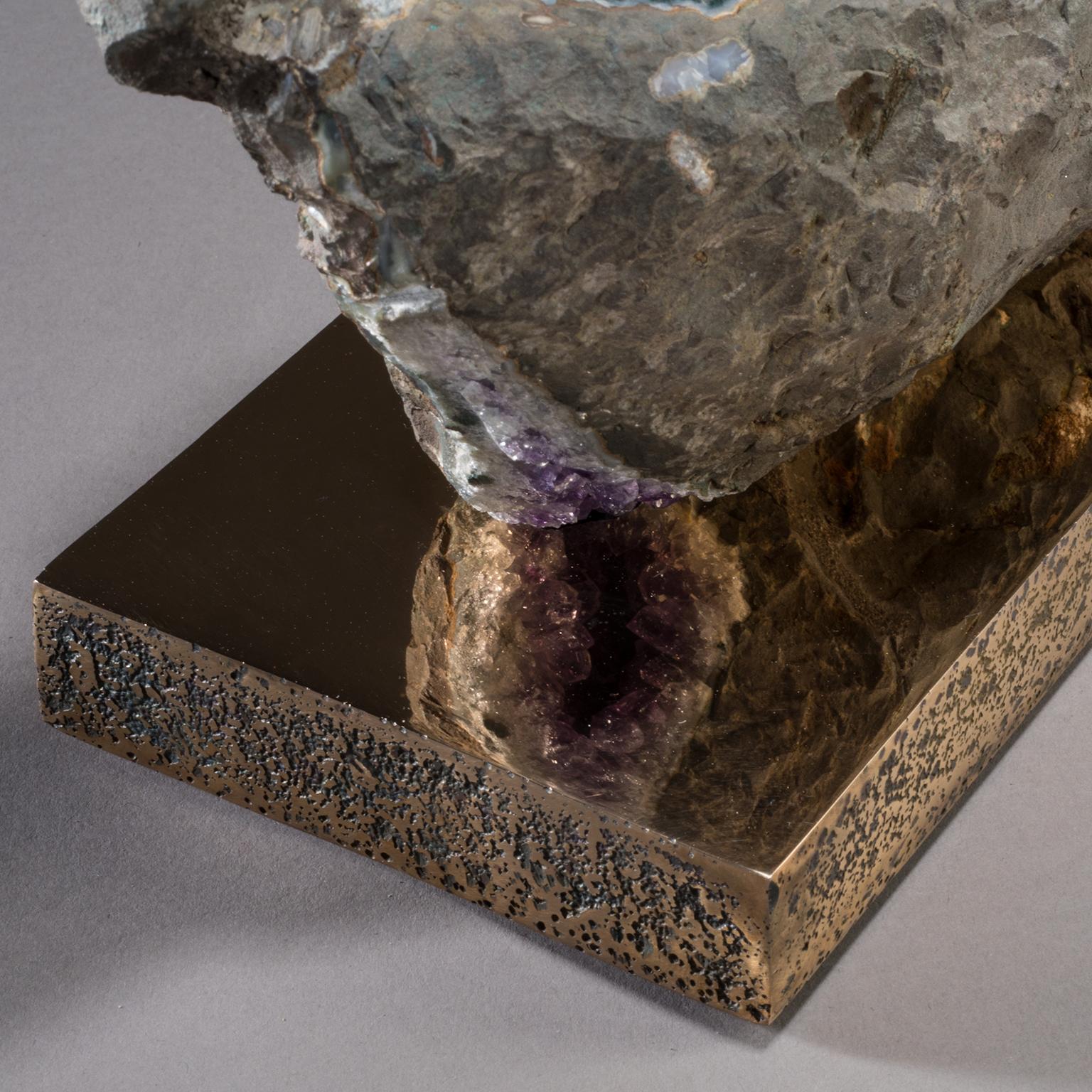 Contemporary Studio Greytak 'Amethyst on Bronze Base' Purple Amethyst Crystals & Solid Bronze For Sale
