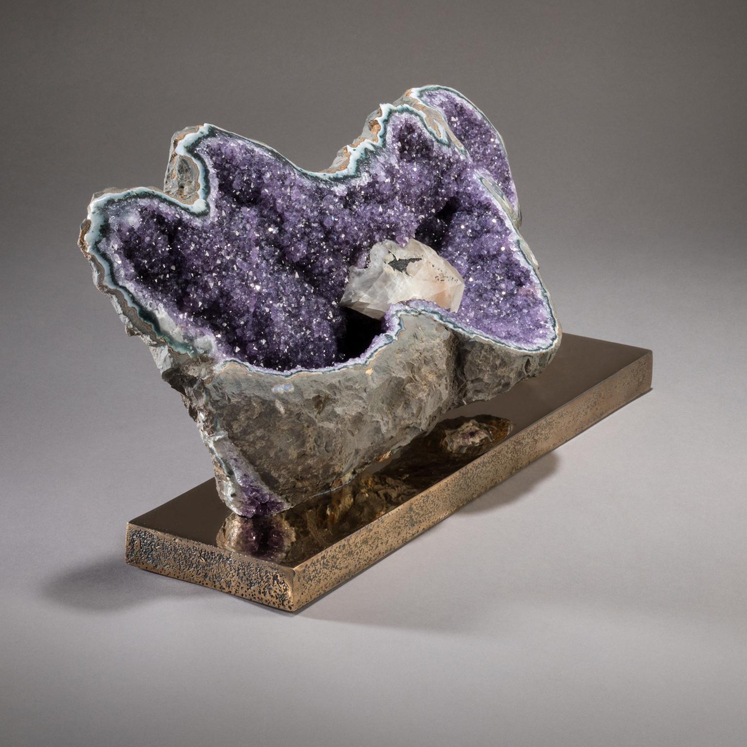 Studio Greytak 'Amethyst on Bronze Base' Purple Amethyst Crystals & Solid Bronze For Sale 2