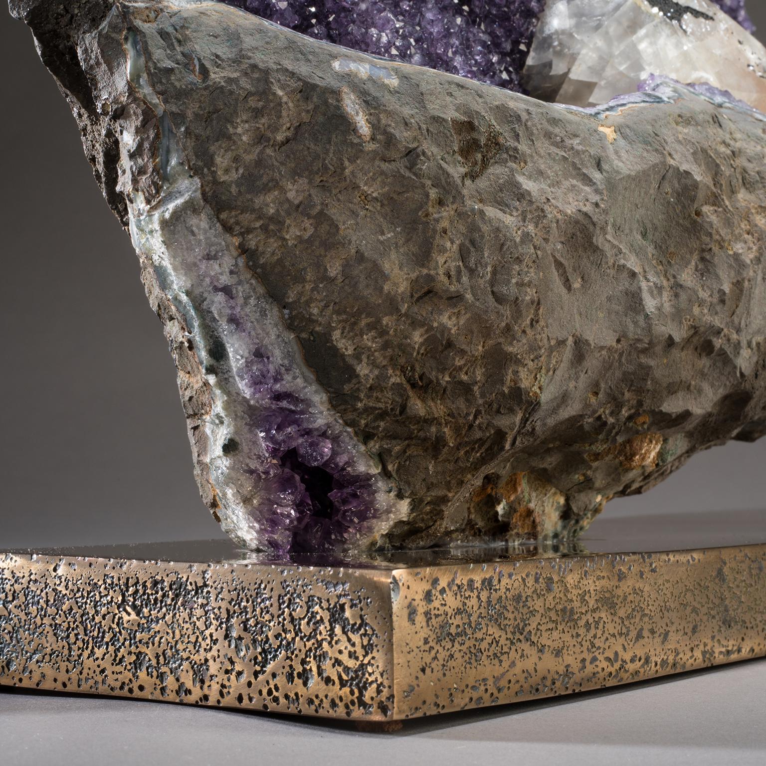 Studio Greytak 'Amethyst on Bronze Base' Purple Amethyst Crystals & Solid Bronze For Sale 3