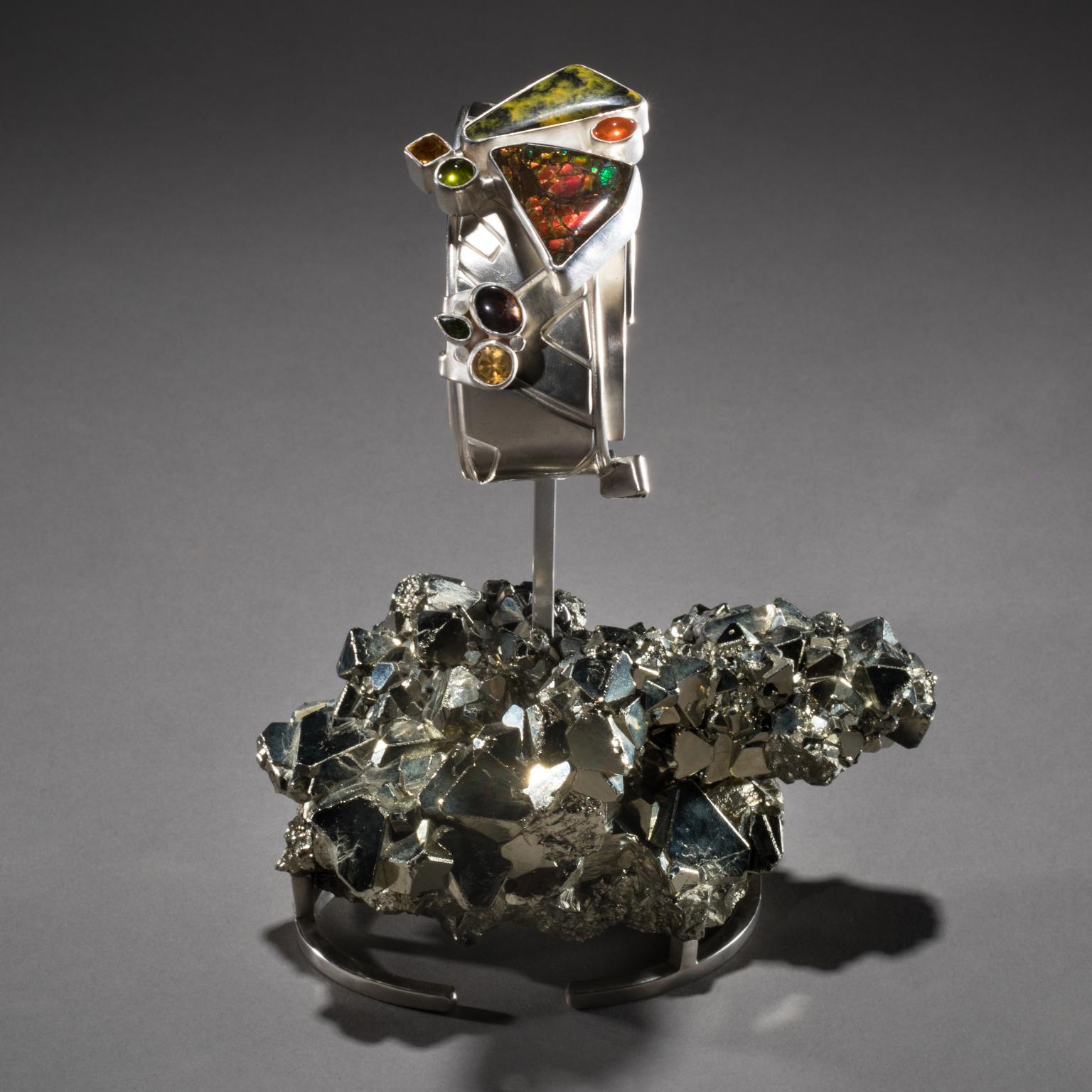 Modern Studio Greytak 'Ammolite Cuff on Pyrite' Fire Opal, Tourmaline, Citrine & Jasper For Sale