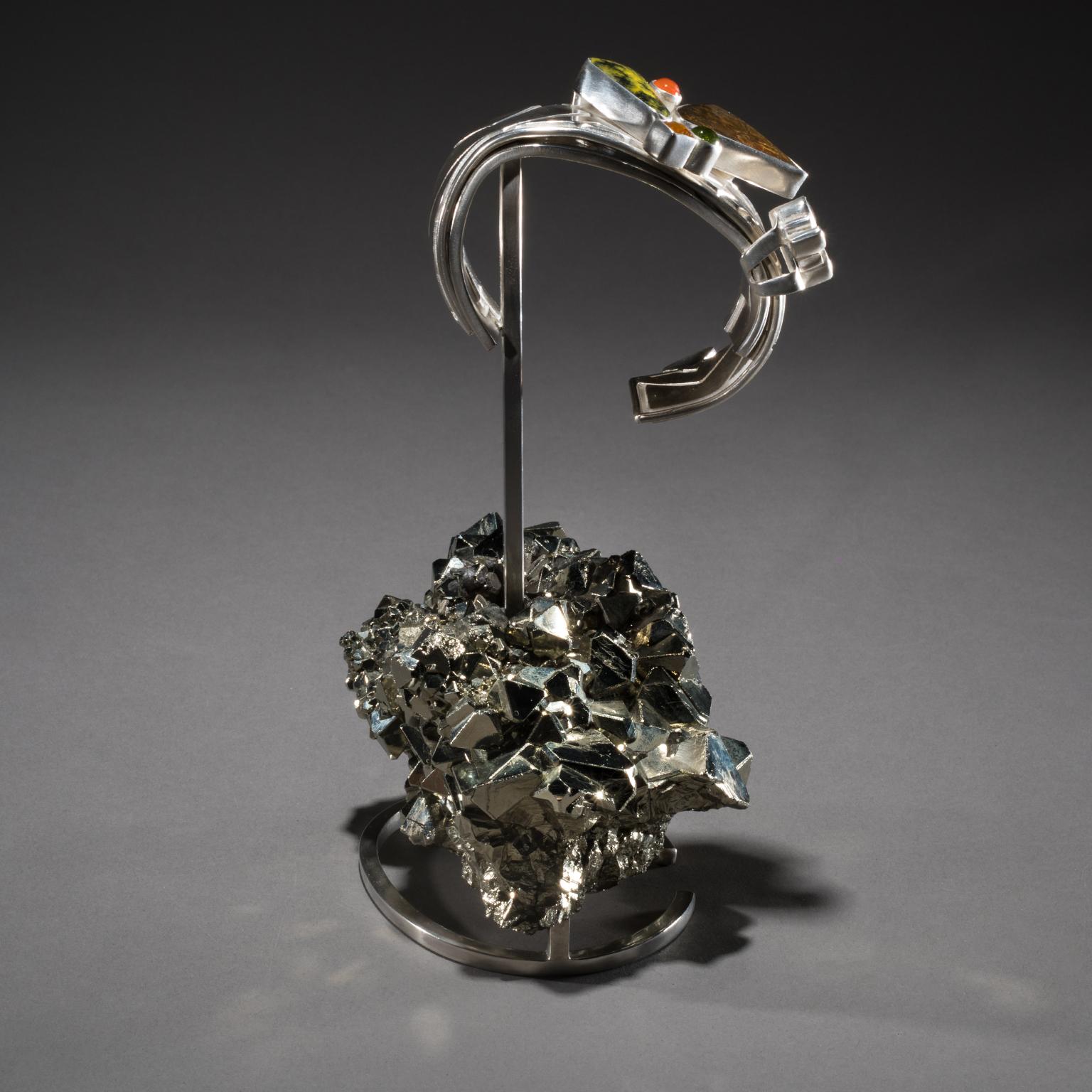 Contemporary Studio Greytak 'Ammolite Cuff on Pyrite' Fire Opal, Tourmaline, Citrine & Jasper For Sale