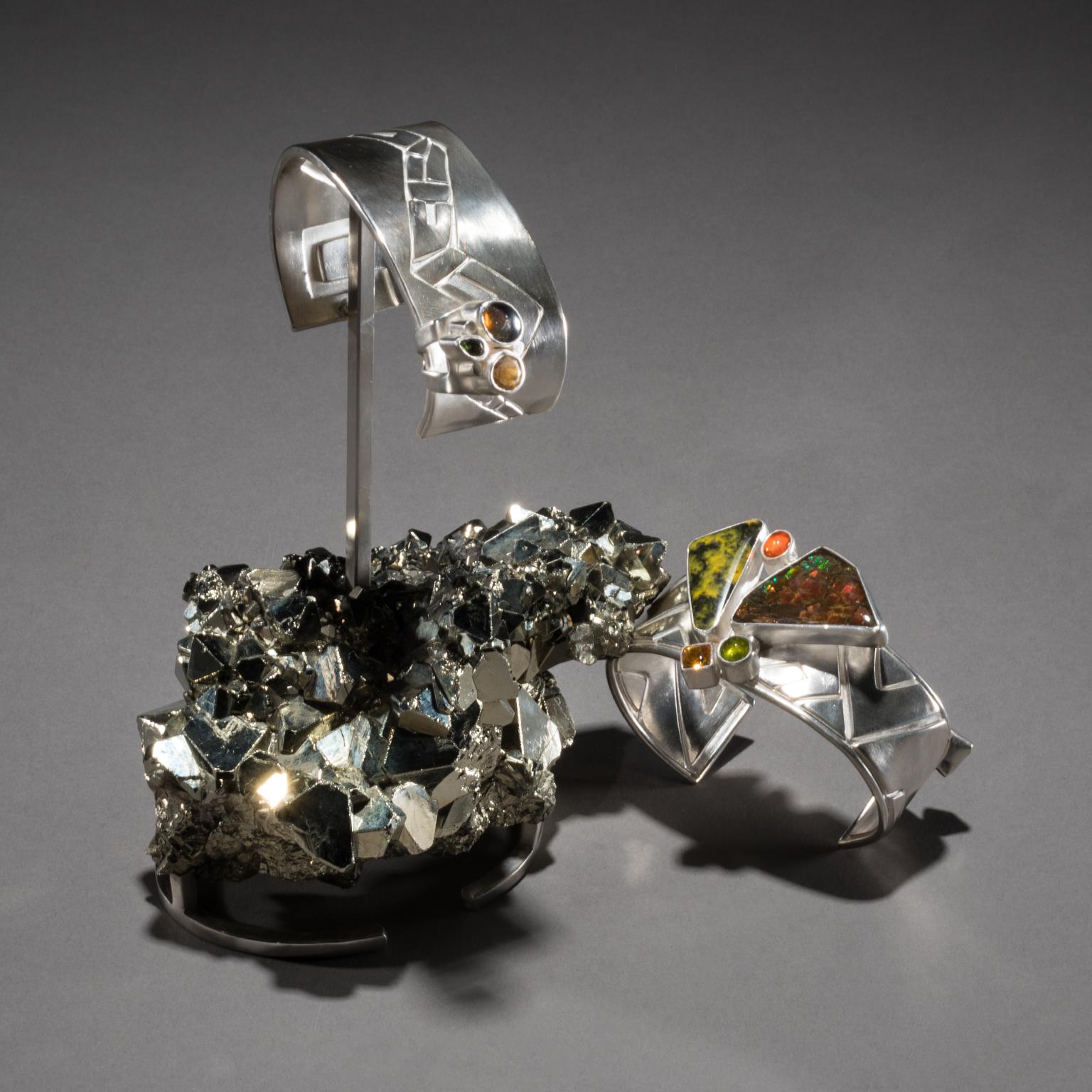Studio Greytak 'Ammolite Cuff on Pyrite' Fire Opal, Tourmaline, Citrine & Jasper In New Condition For Sale In Missoula, MT
