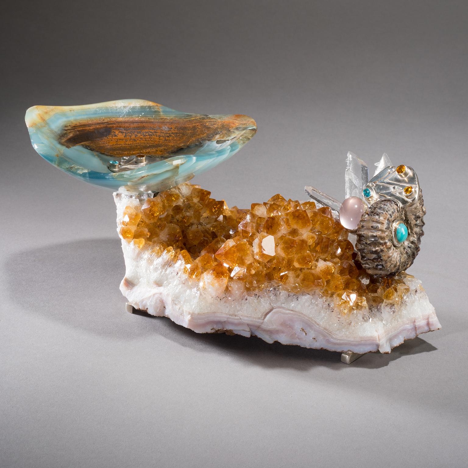 Studio Greytak 'Bling Bowl 5' Rose Quartz, Citrine, Blue Calcite and Ammonite For Sale 3