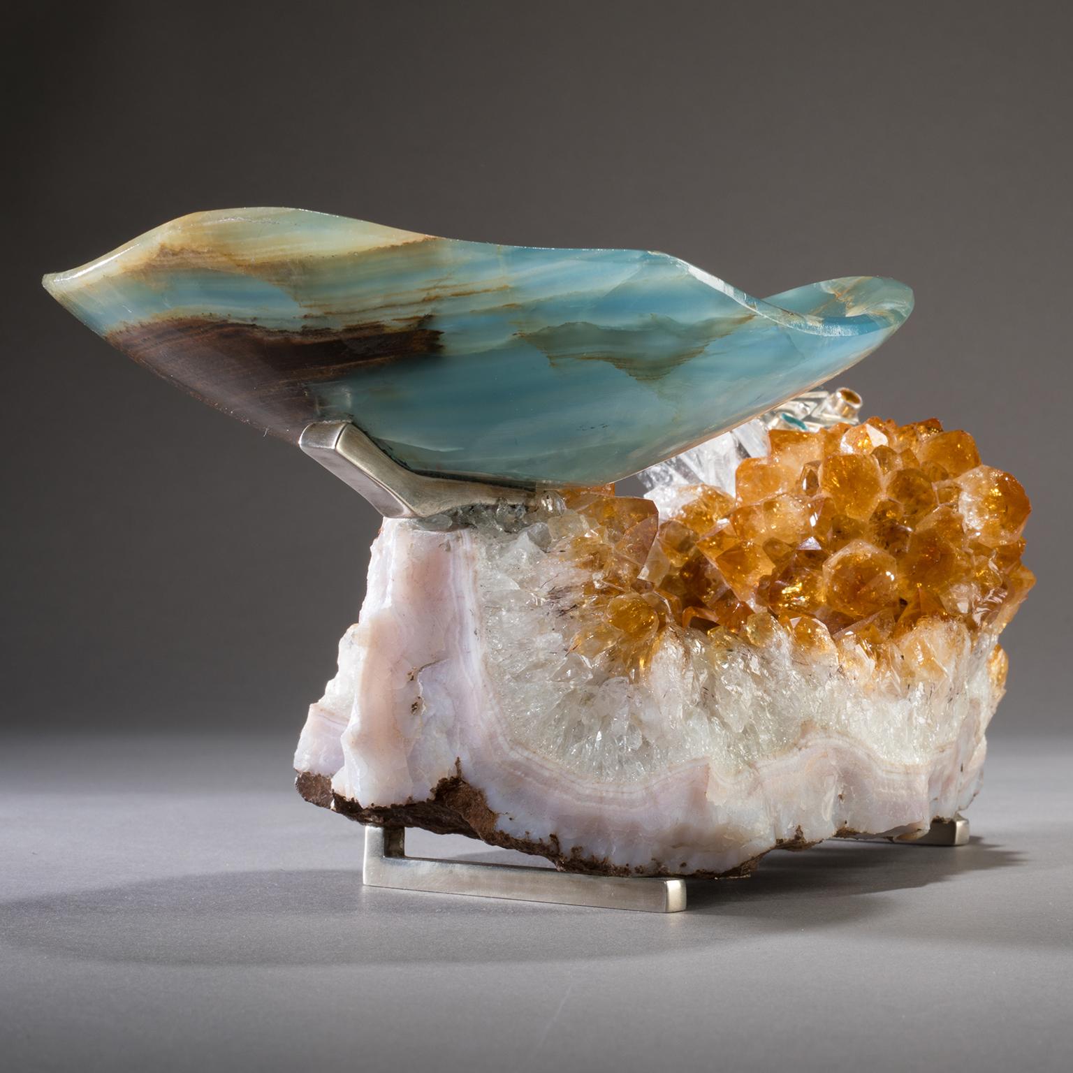 Studio Greytak 'Bling Bowl 5' Rose Quartz, Citrine, Blue Calcite and Ammonite In New Condition For Sale In Missoula, MT