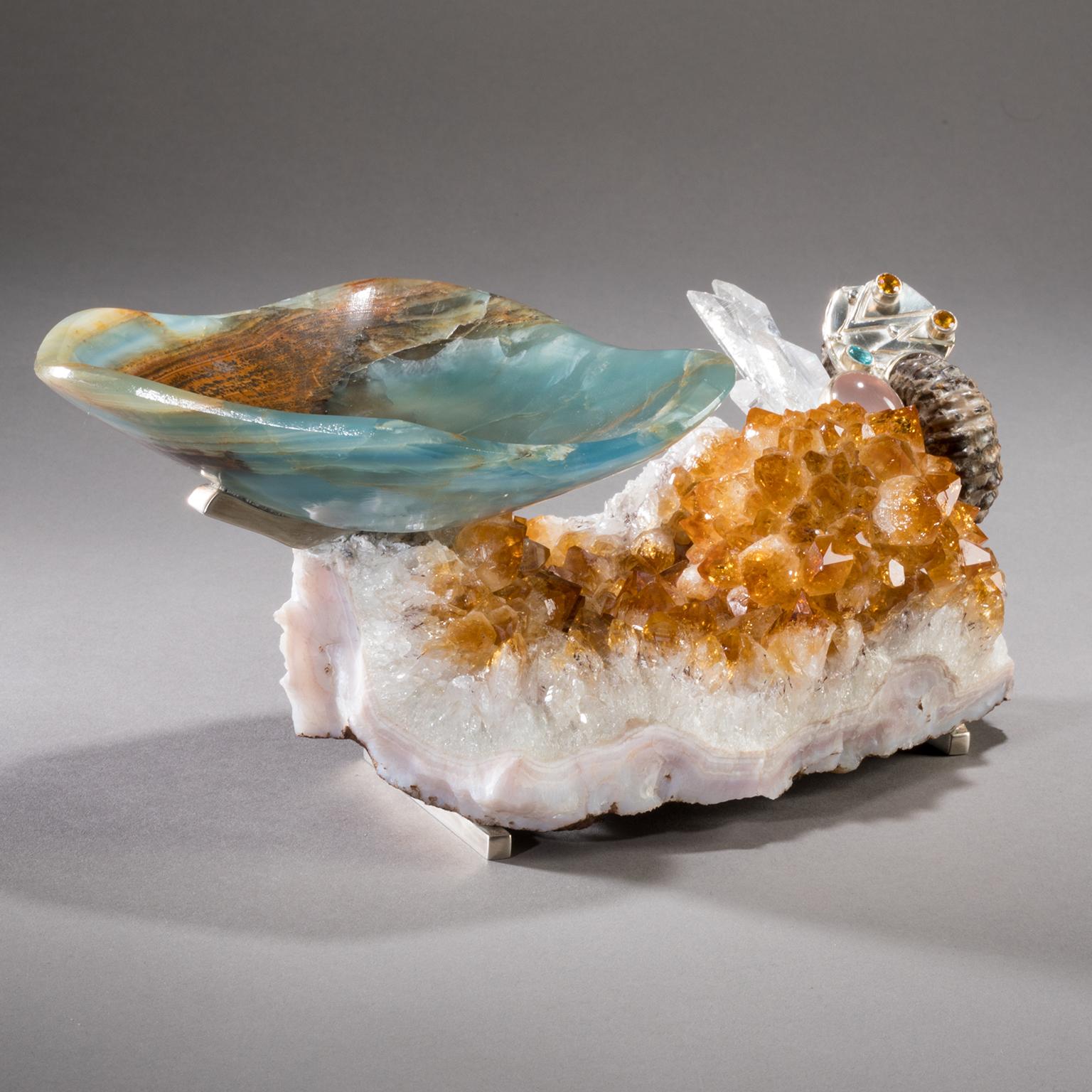 Contemporary Studio Greytak 'Bling Bowl 5' Rose Quartz, Citrine, Blue Calcite and Ammonite For Sale