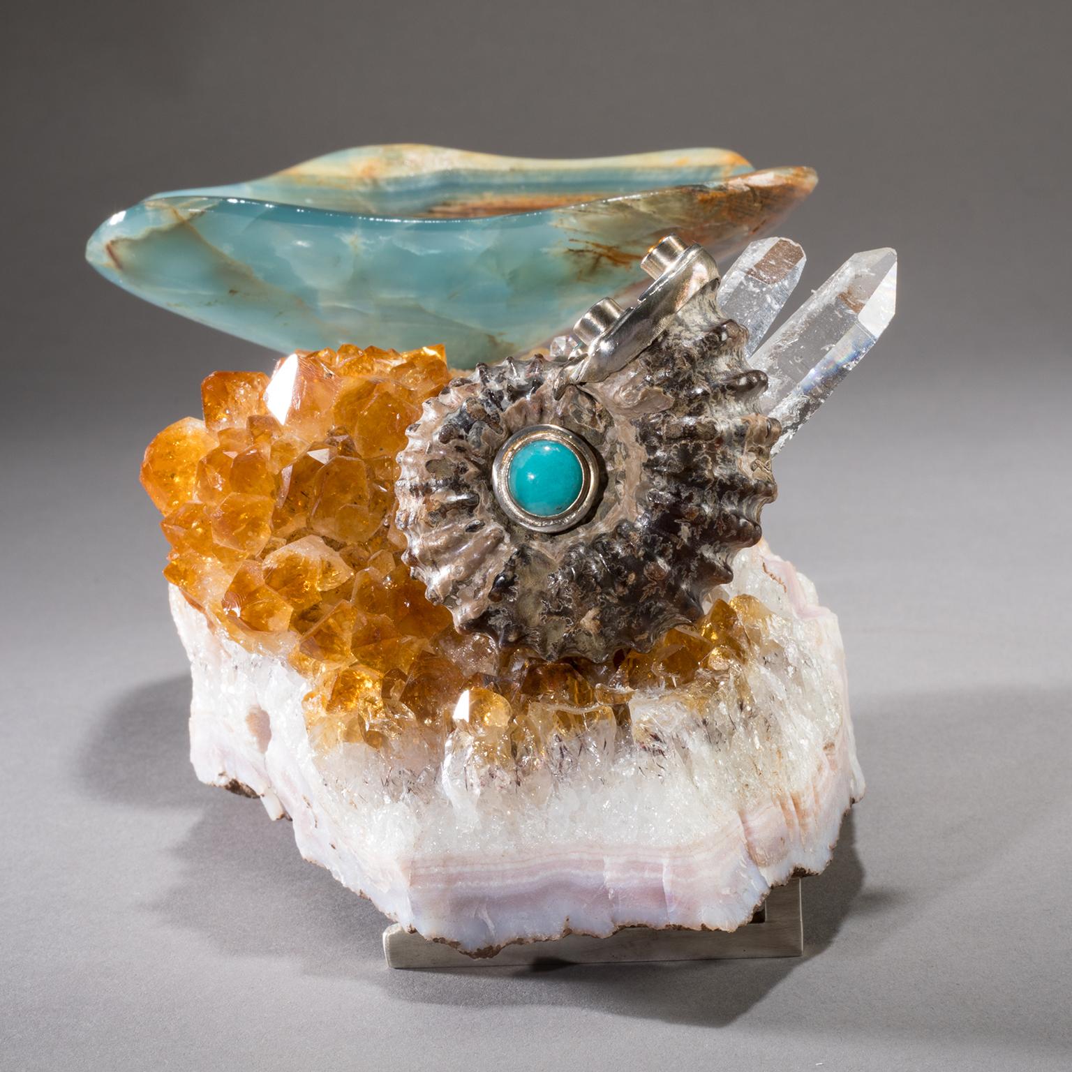 Studio Greytak 'Bling Bowl 5' Rose Quartz, Citrine, Blue Calcite and Ammonite For Sale 1