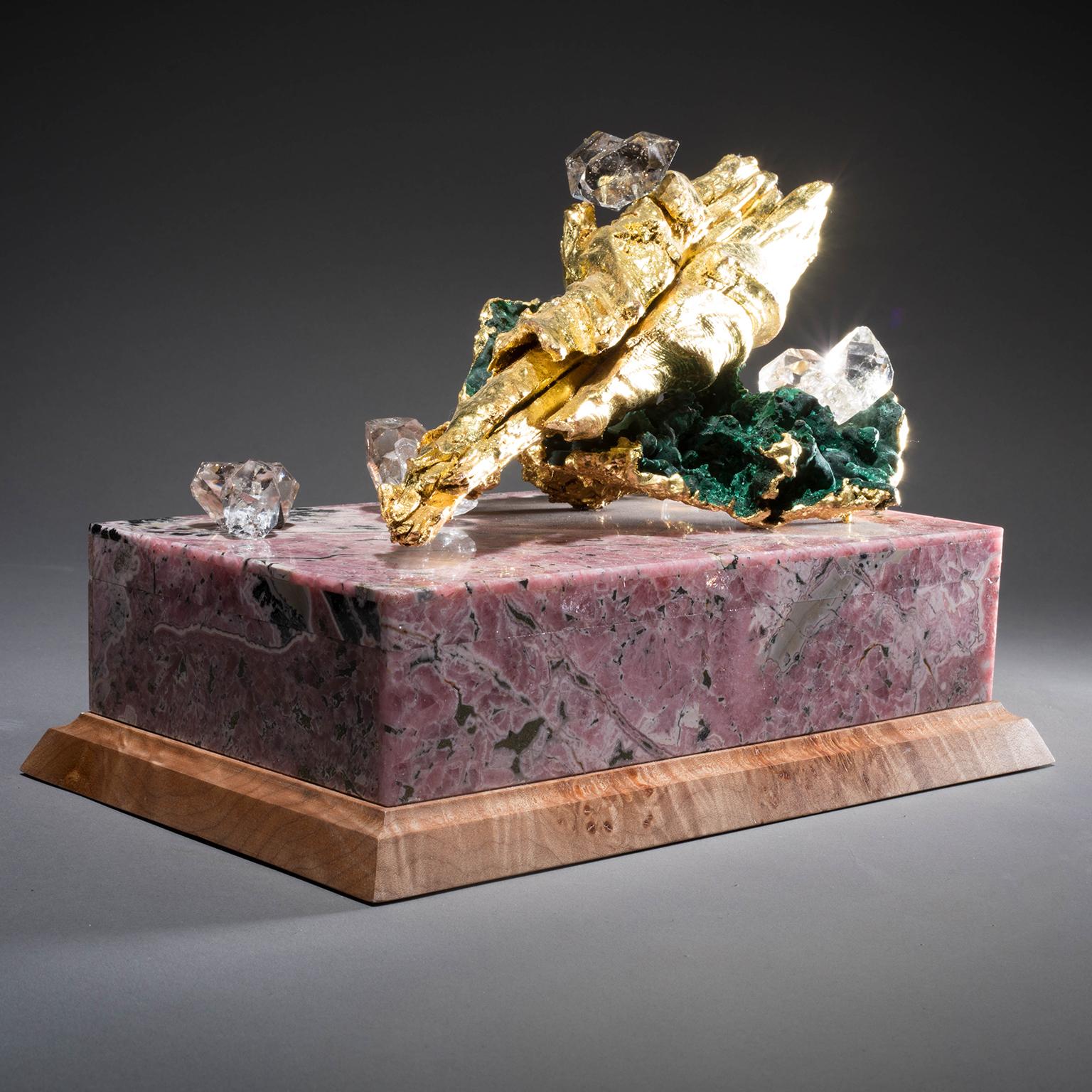 American Studio Greytak 'Bling Box 1' Rhodochrosite Box, Gold Leaf Wood, Topaz, Garnet For Sale