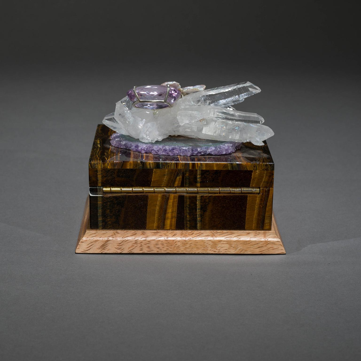 Contemporary Studio Greytak 'Bling Box 2' Tiger Eye Box, Amethyst, Quartz, Walnut For Sale