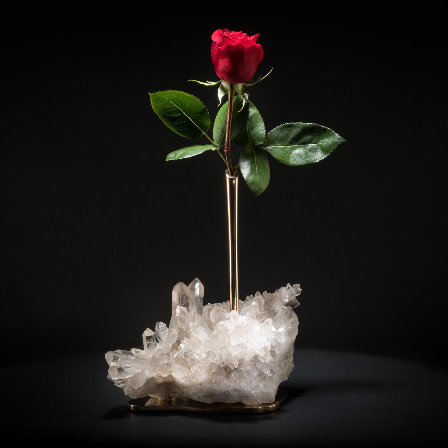 Studio Greytak 'Bud Vase on Himalayan Quartz' Bronze, Clear Quartz & White Rose In New Condition For Sale In Missoula, MT