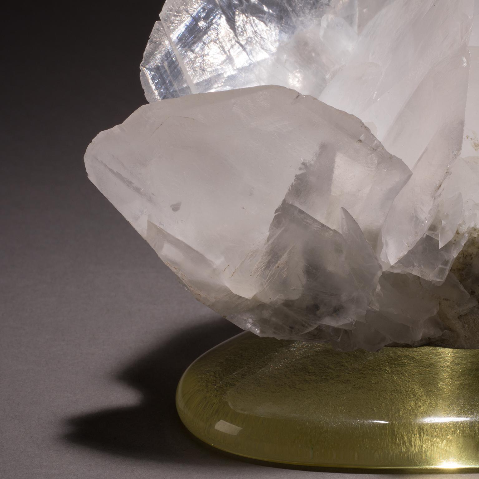 Modern Studio Greytak 'Calcite on Cast Glass Base' White & Clear Calcite & Yellow Glass For Sale
