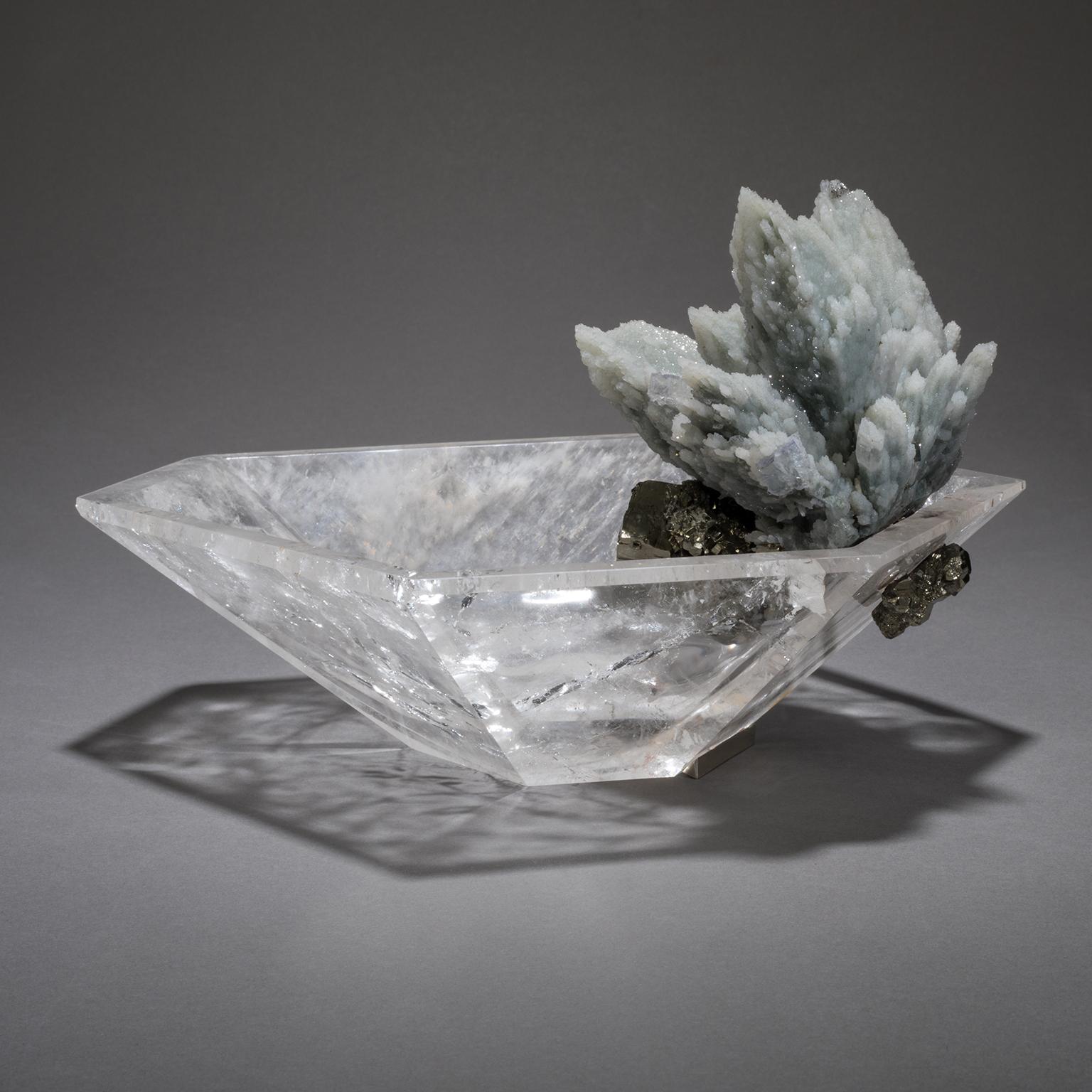 Modern Studio Greytak 'Crystal Bling Bowl 11' Hand Carved Quartz, Blue Quartz, & Pyrite