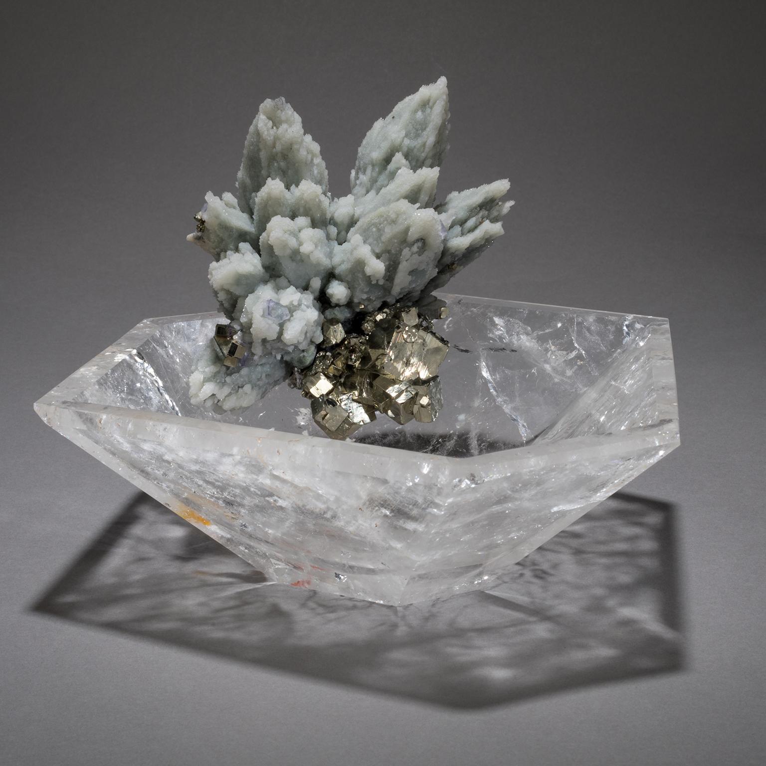 American Studio Greytak 'Crystal Bling Bowl 11' Hand Carved Quartz, Blue Quartz, & Pyrite