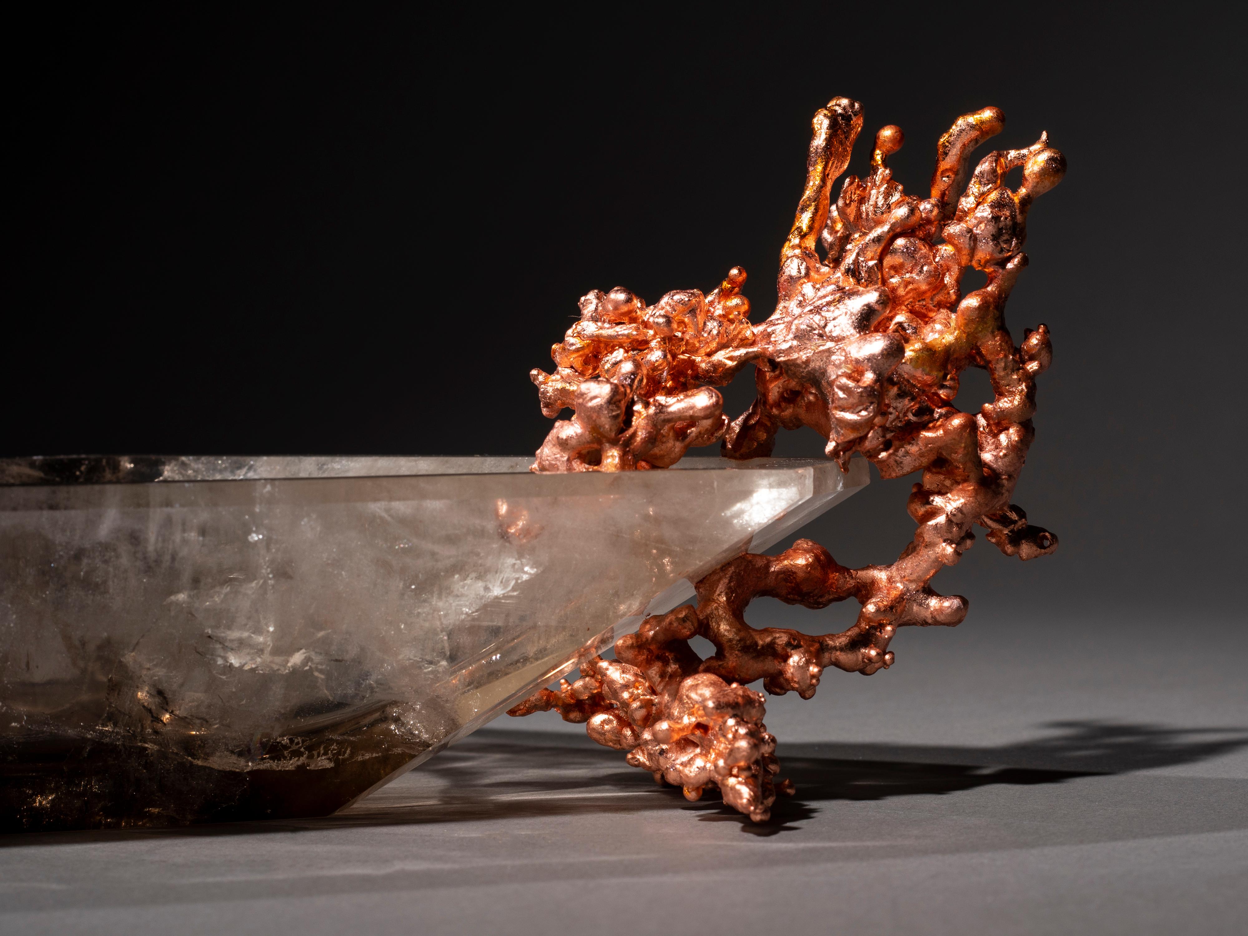 Modern Studio Greytak Crystal Bling Bowl 37, Copper on Smokey Quartz For Sale