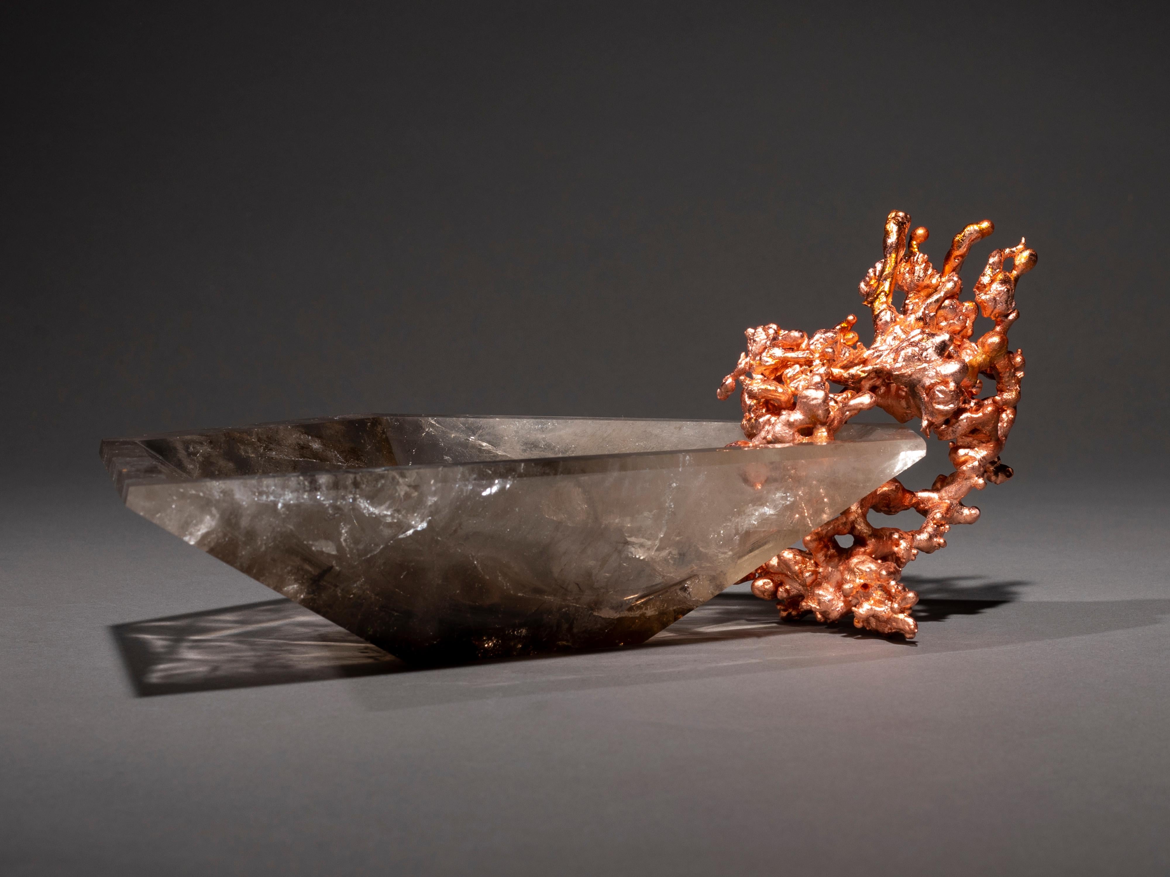 Contemporary Studio Greytak Crystal Bling Bowl 37, Copper on Smokey Quartz For Sale