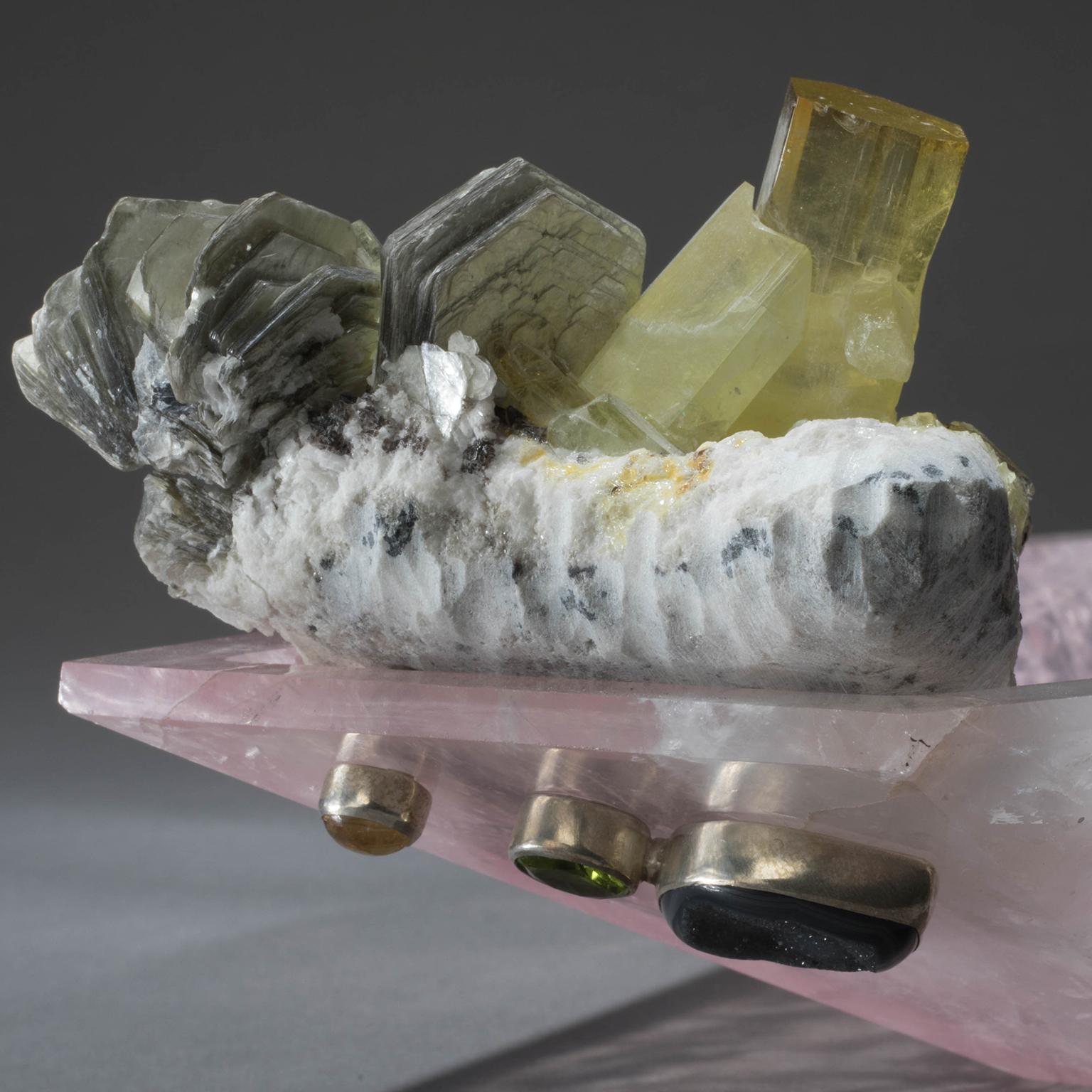 Studio Greytak 'Crystal Bling Bowl 6' Rose Quartz, Agate, Beryl & Muscovite In New Condition In Missoula, MT