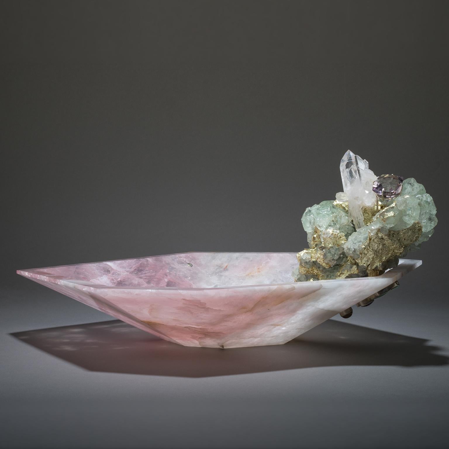 Modern Studio Greytak 'Crystal Bling Bowl 9' Hand Carved Rose Quartz With Amethyst Gem