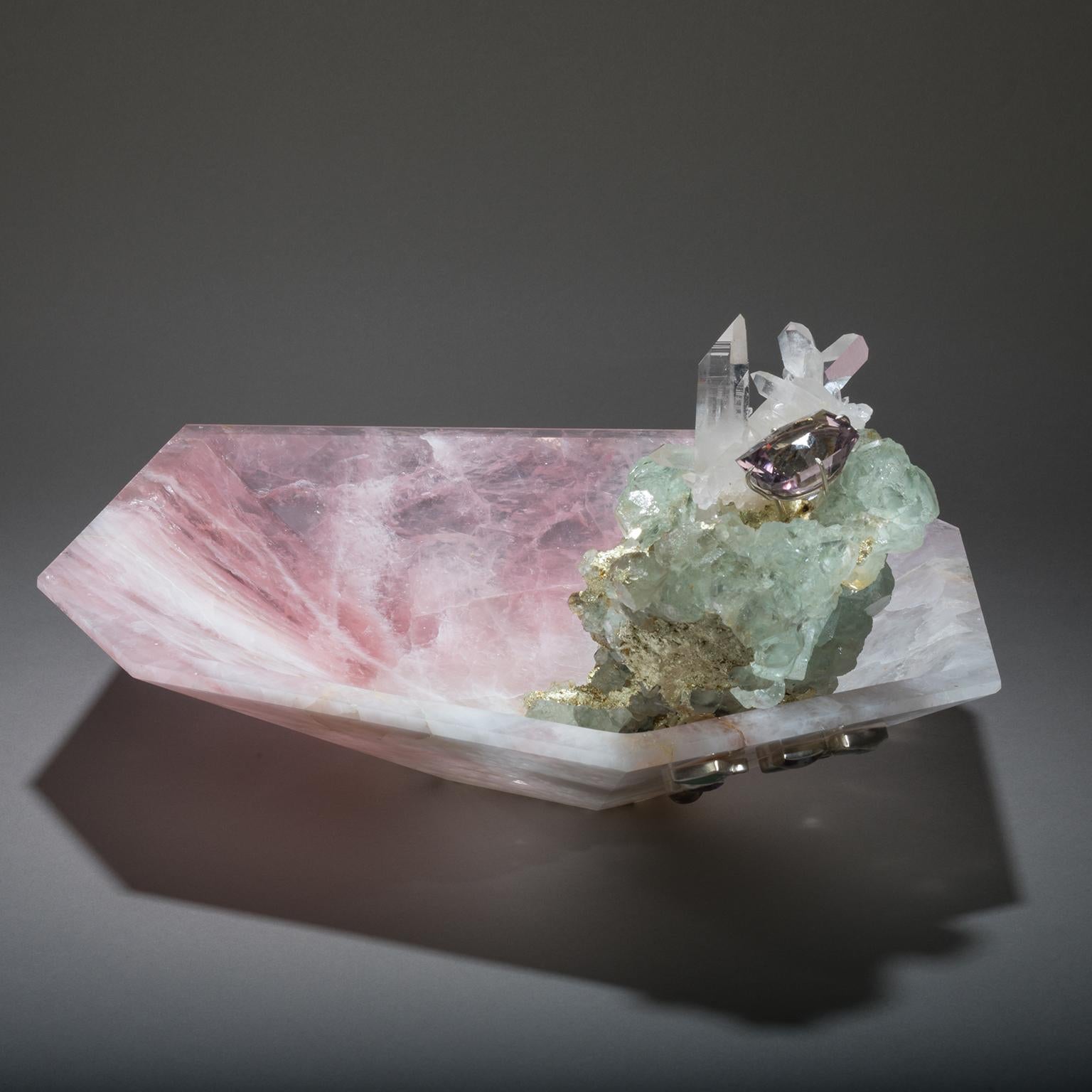 American Studio Greytak 'Crystal Bling Bowl 9' Hand Carved Rose Quartz With Amethyst Gem