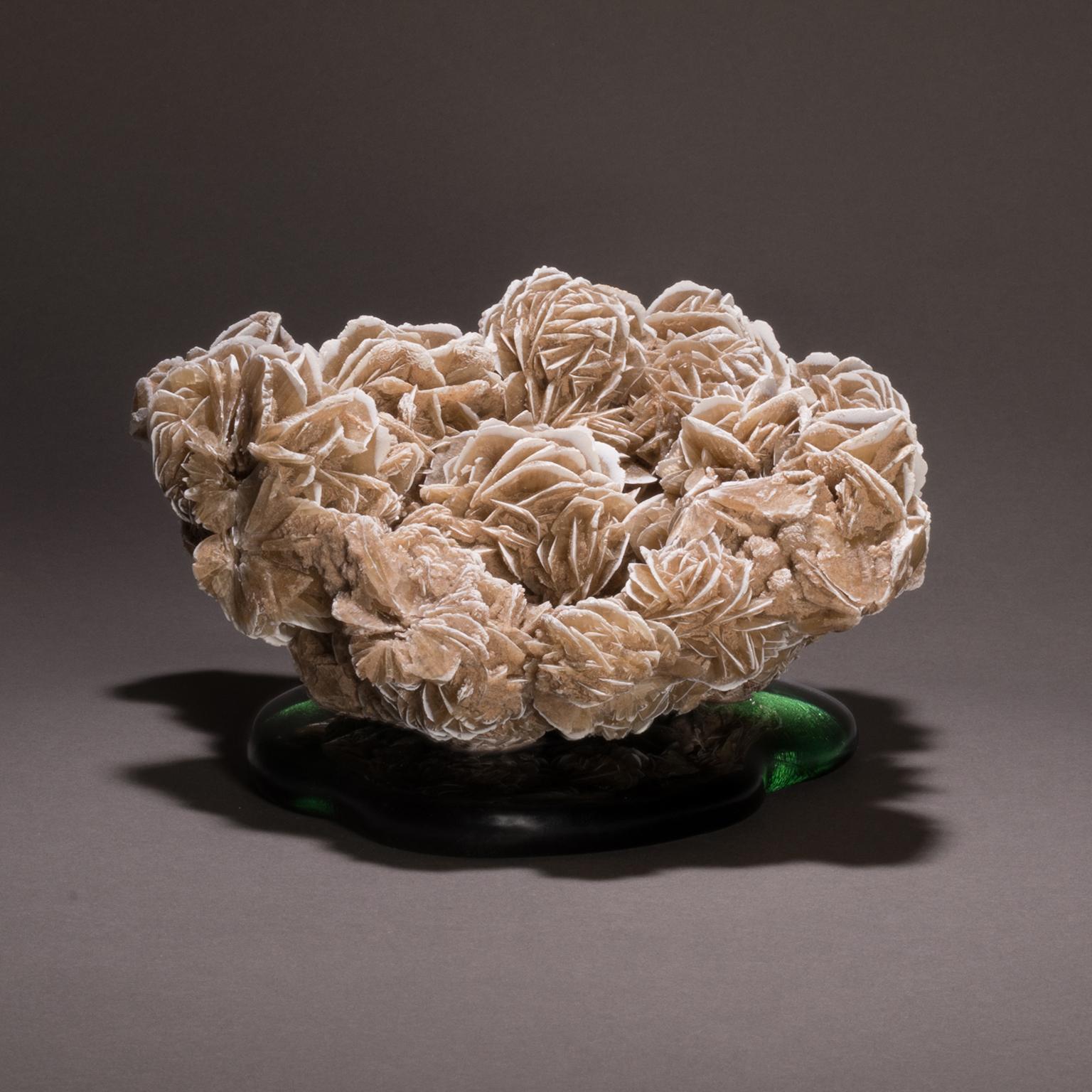 Desert rose gypsum on cast glass

Gypsum is the Cinderella of the mineral world. It is one of the most widely used non-metallic minerals, taking on critical, if sometimes unglamorous, roles in many components of daily life. And yet its beauty is
