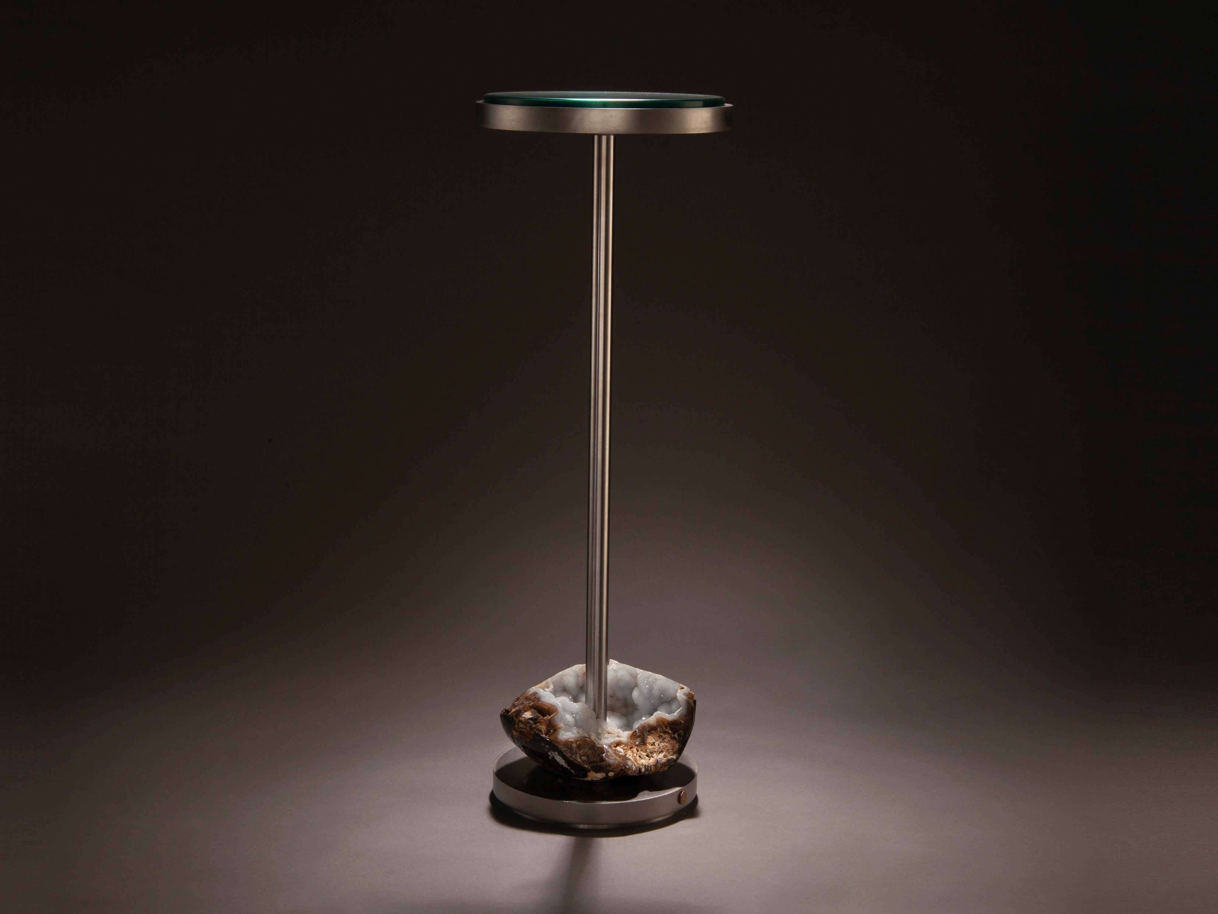 Havana Table 6
Studio Greytak's Havana Table series finds inspiration in the forms of classic smoking table designs from the past. In Havana Table 6 a druzy agate brings delicate glitter and sculptural form to the linearity of the stainless steel.
