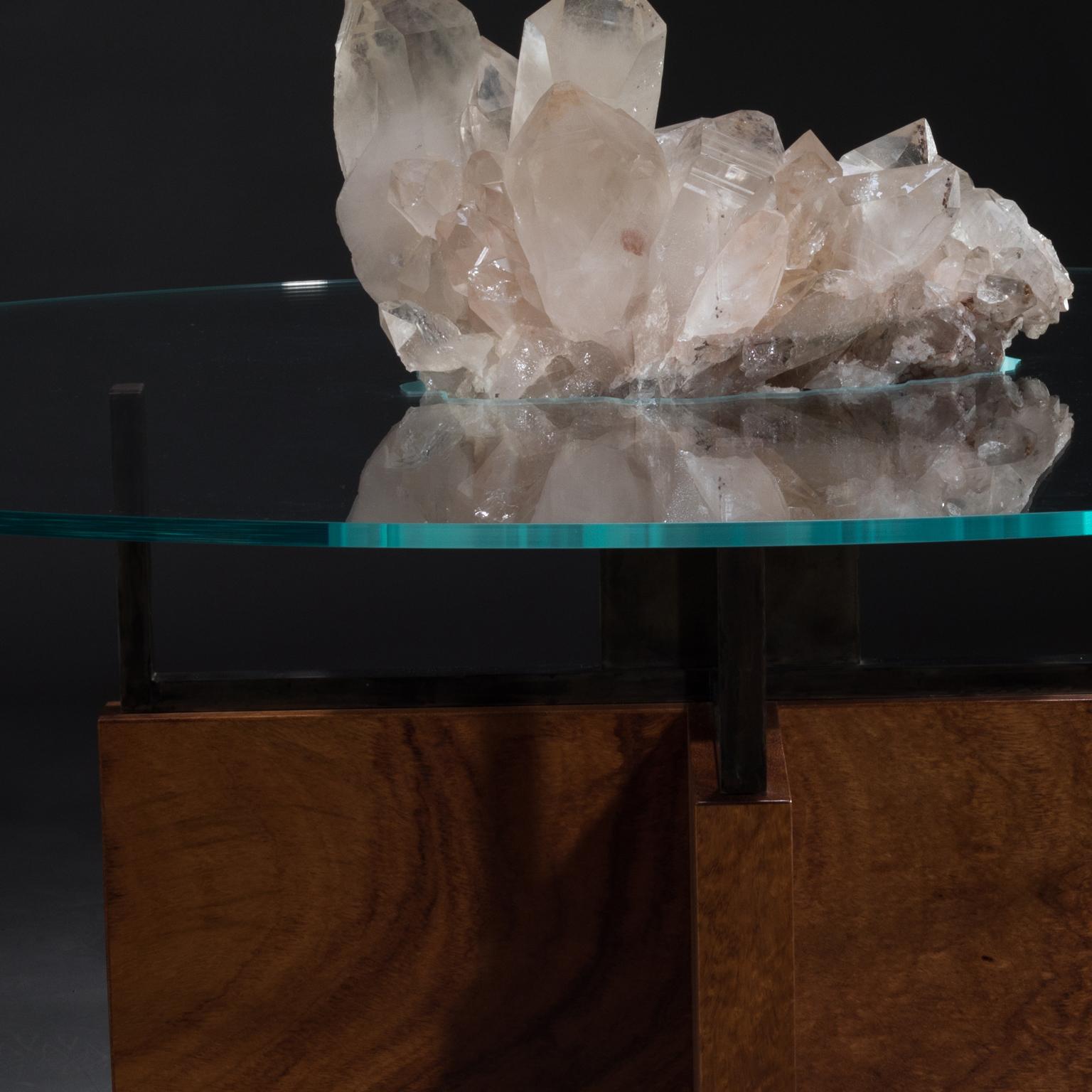 American Studio Greytak 'Iceberg Table 6' Himalayan Quartz, Solid Bronze, Monkey Pod Wood For Sale